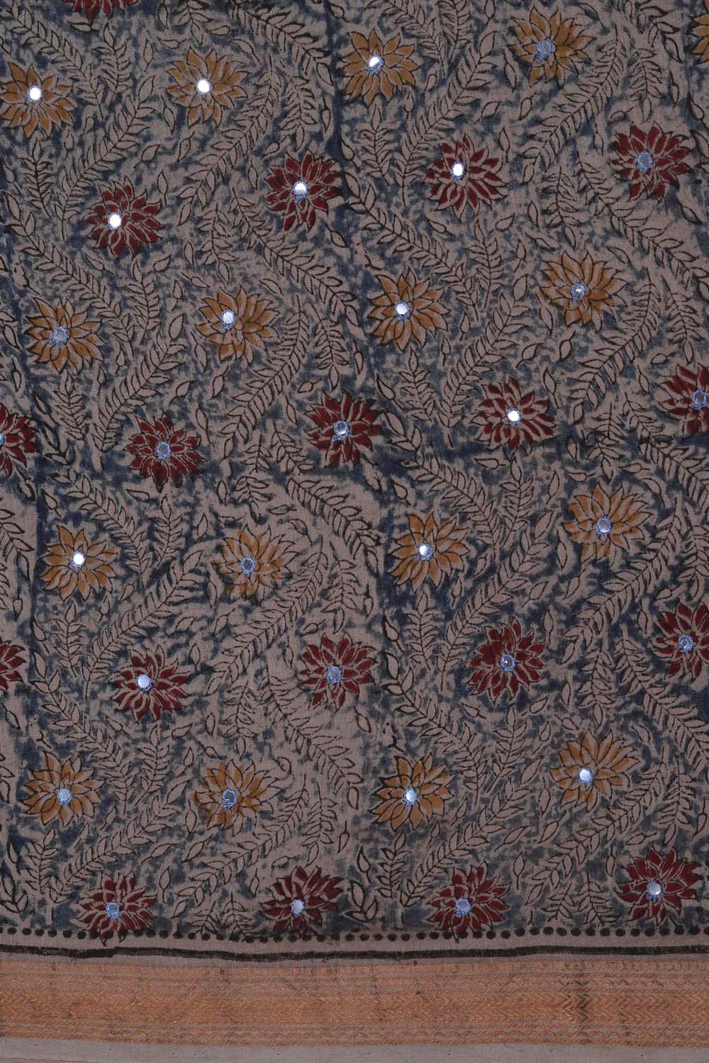 Image of Indigo Blue floral with mirror embroidery Kalamkari Saree