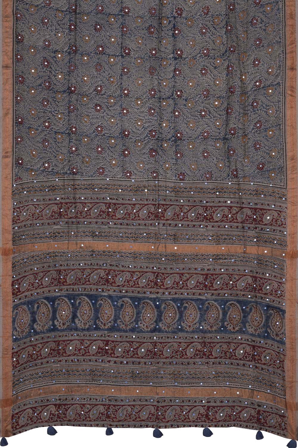 Image of Indigo Blue floral with mirror embroidery Kalamkari Saree
