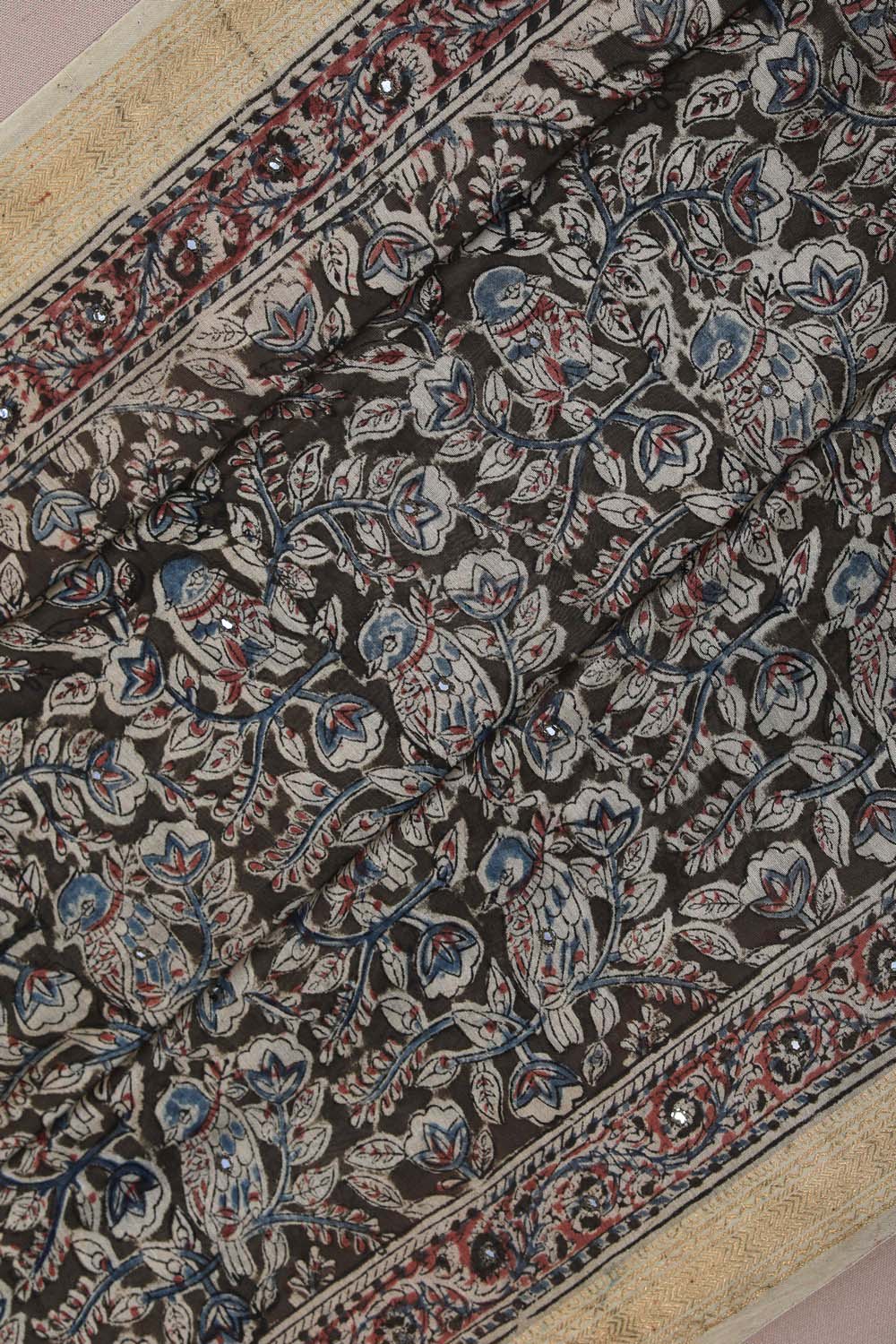 Image of Dark green Mirror Embroidery Kalamkari Saree