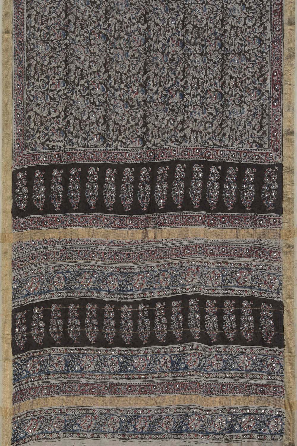 Image of Dark green Mirror Embroidery Kalamkari Saree