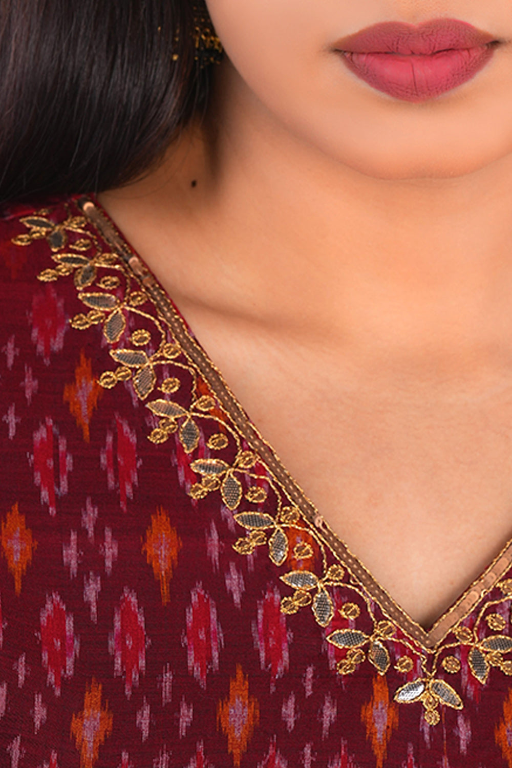 Image of Deep Maroon Pochampally Silk Ikat Kurti