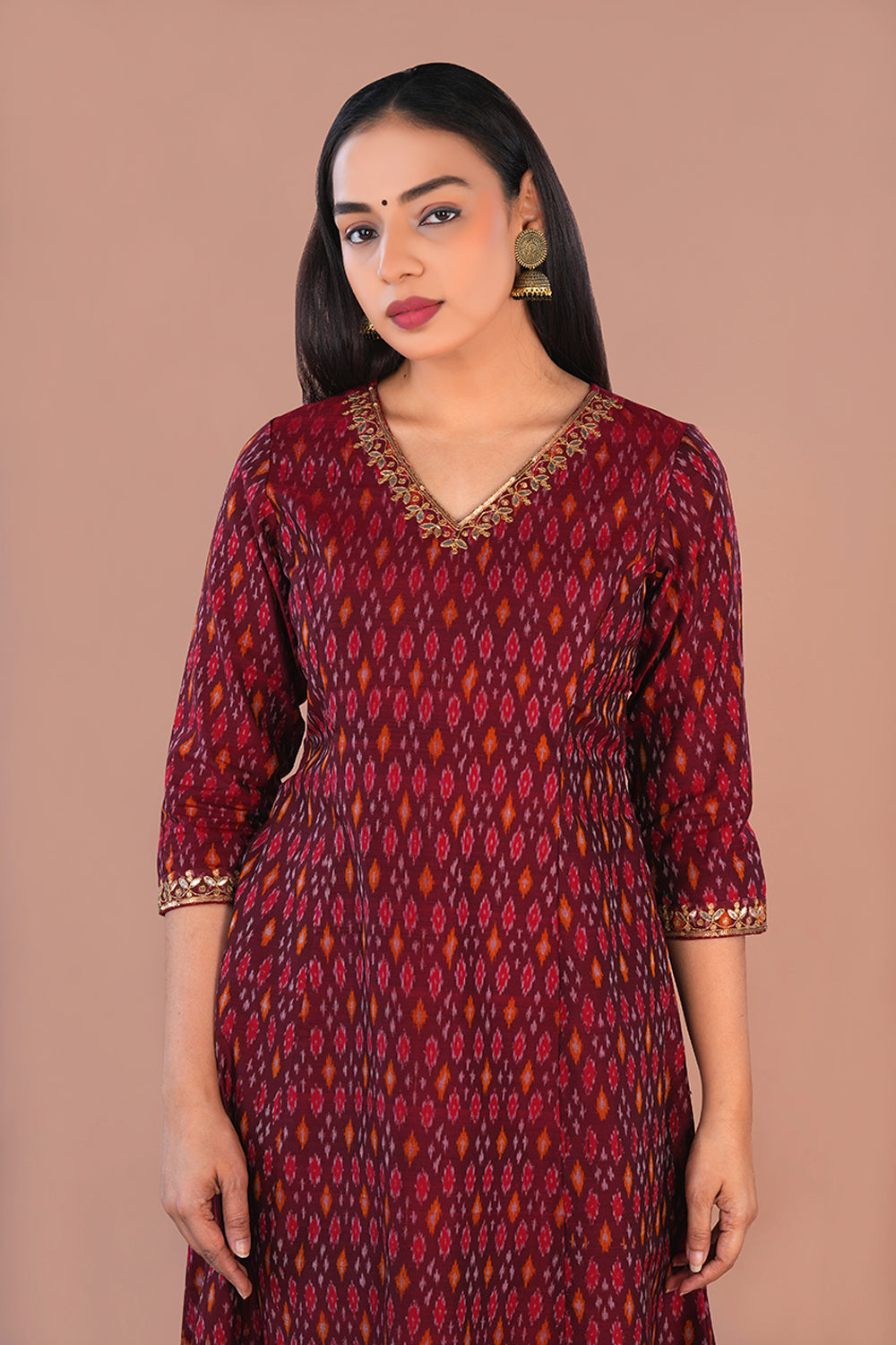 Image of Deep Maroon Pochampally Silk Ikat Kurti