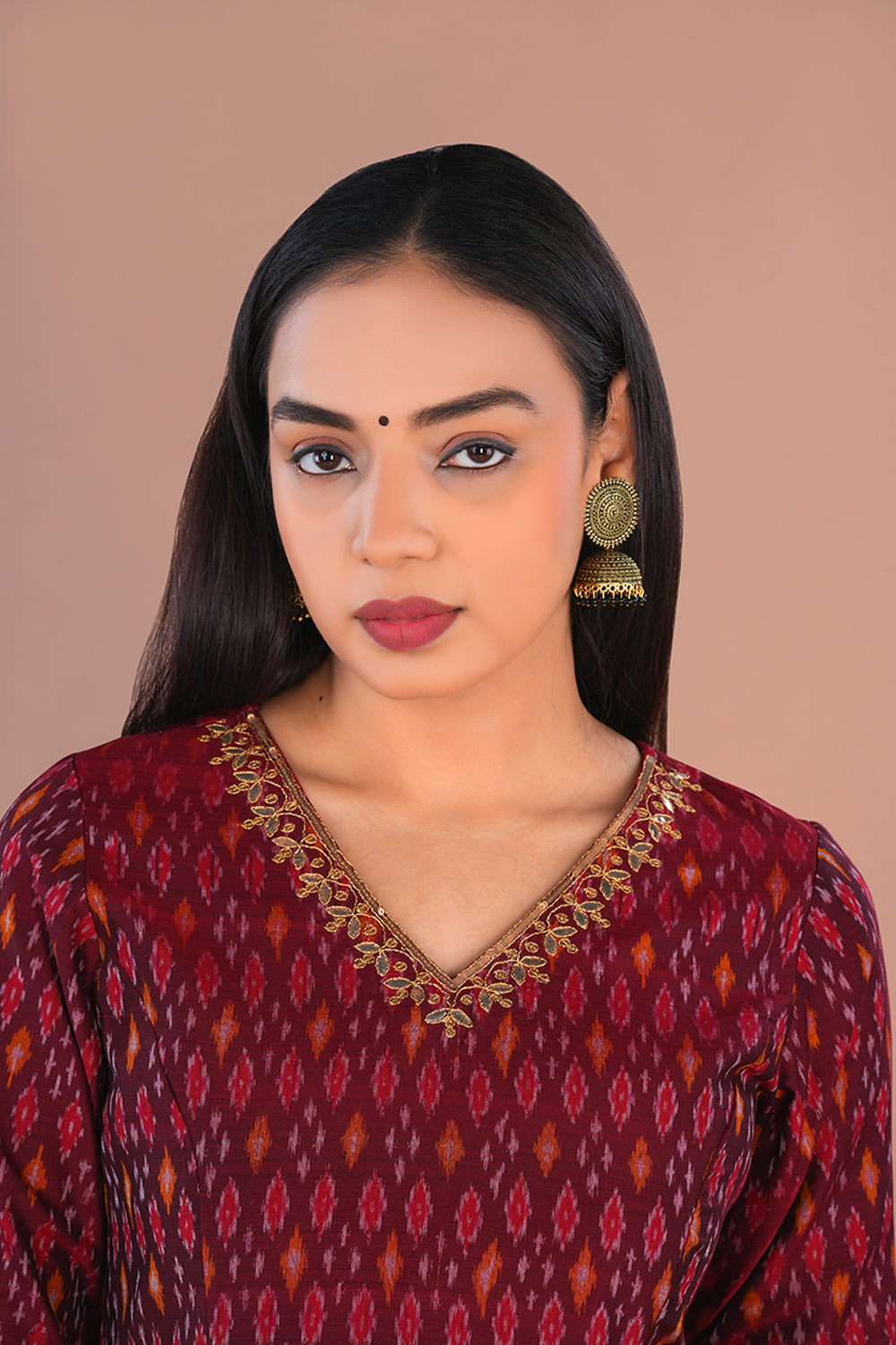 Image of Deep Maroon Pochampally Silk Ikat Kurti