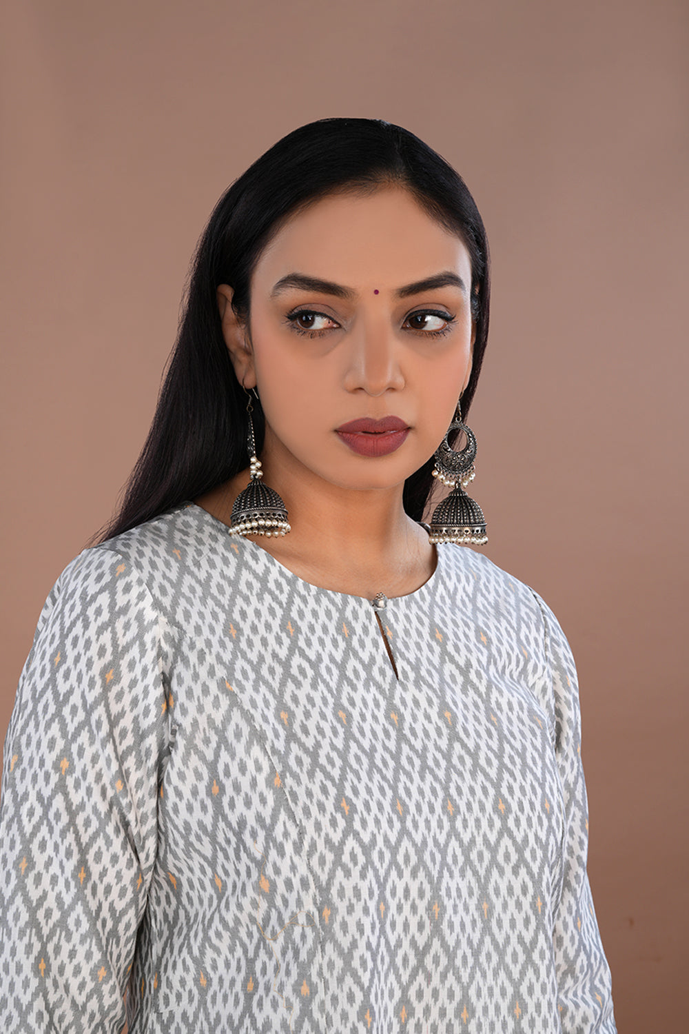 Image of White & Grey Pochampally Silk Ikat Kurti