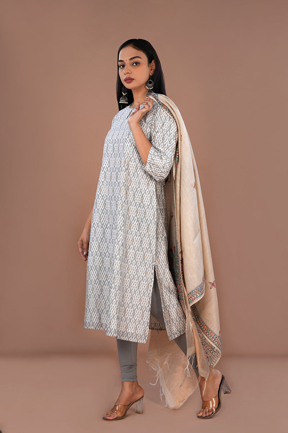 Image of White & Grey Pochampally Silk Ikat Kurti