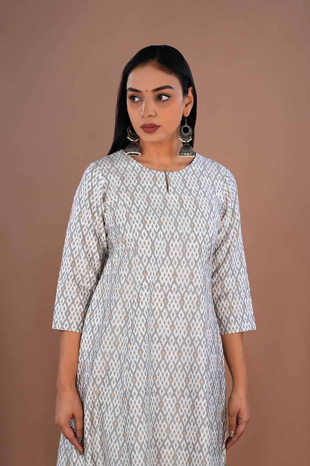 Image of White & Grey Pochampally Silk Ikat Kurti
