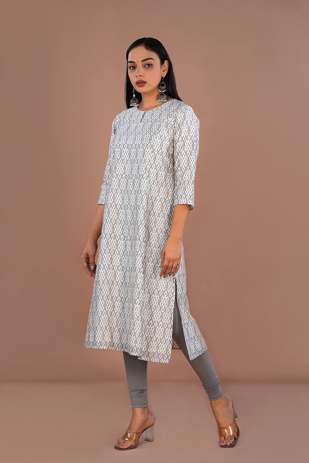 Image of White & Grey Pochampally Silk Ikat Kurti