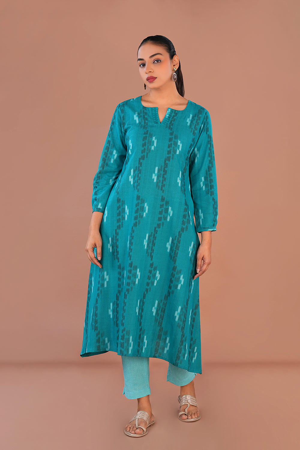 Image of Deep Sea green Cotton Pochampally Ikat Kurta