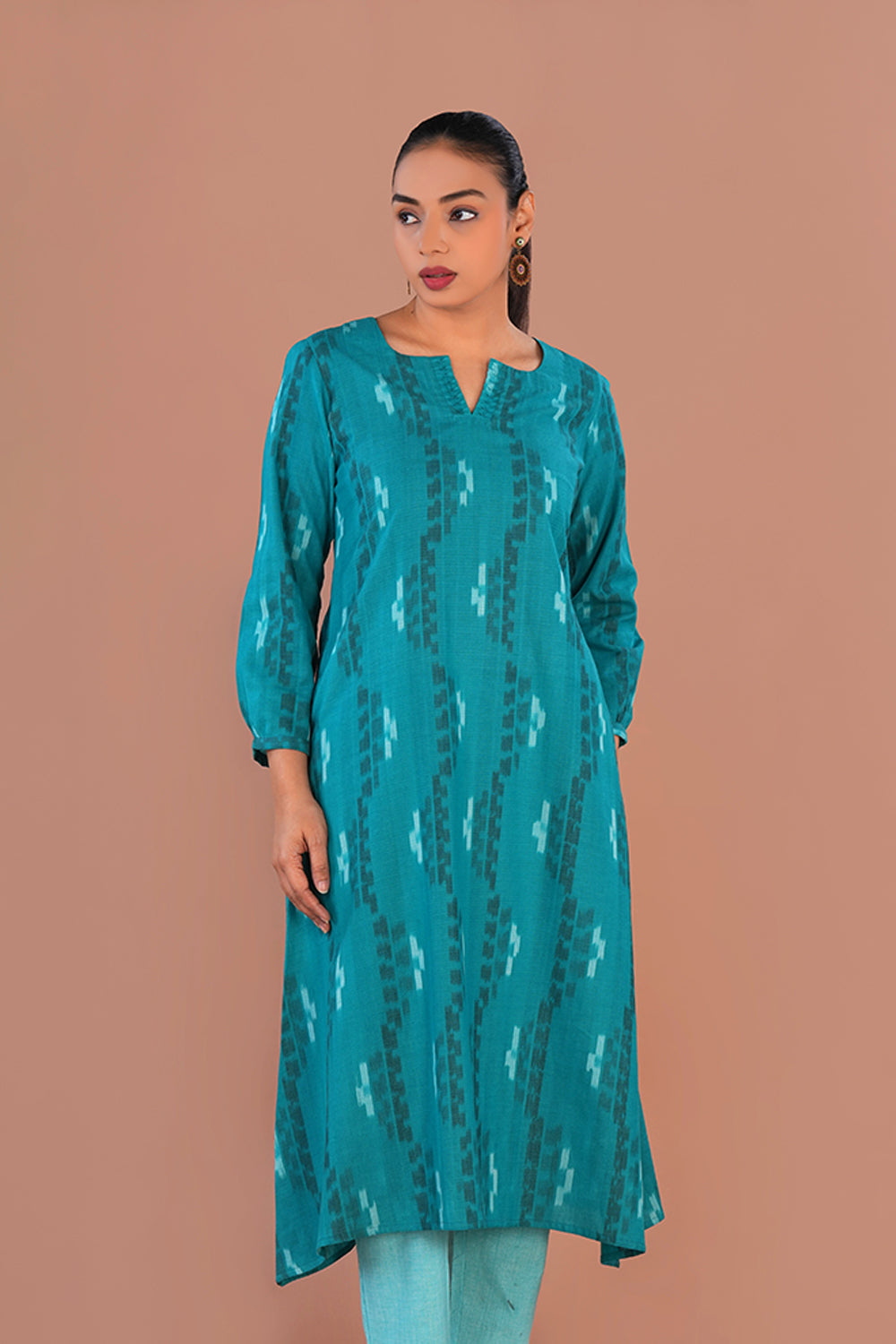 Image of Deep Sea green Cotton Pochampally Ikat Kurta