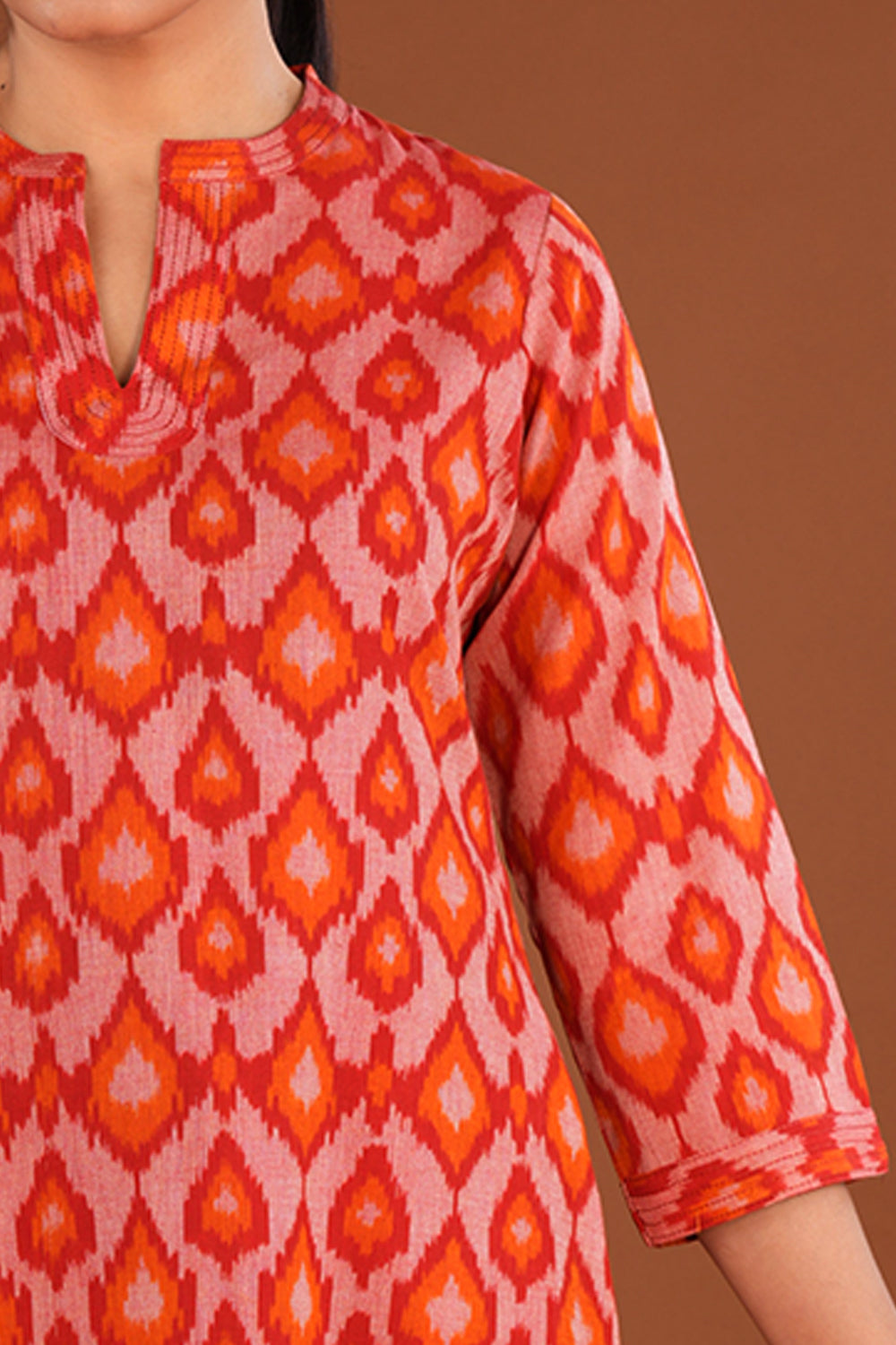Image of Fiery Red Cotton Pochampally Ikat Kurta