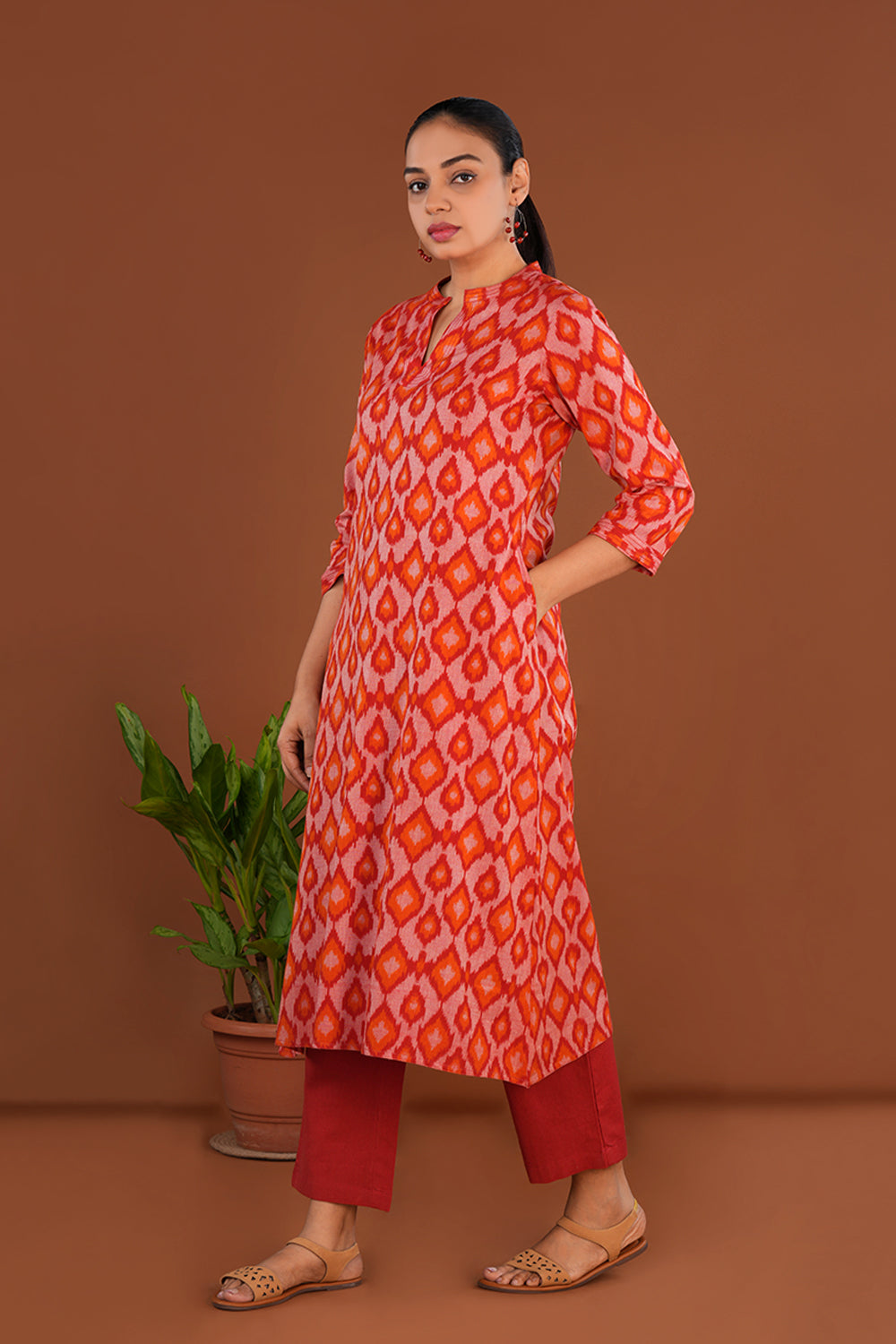 Image of Fiery Red Cotton Pochampally Ikat Kurta