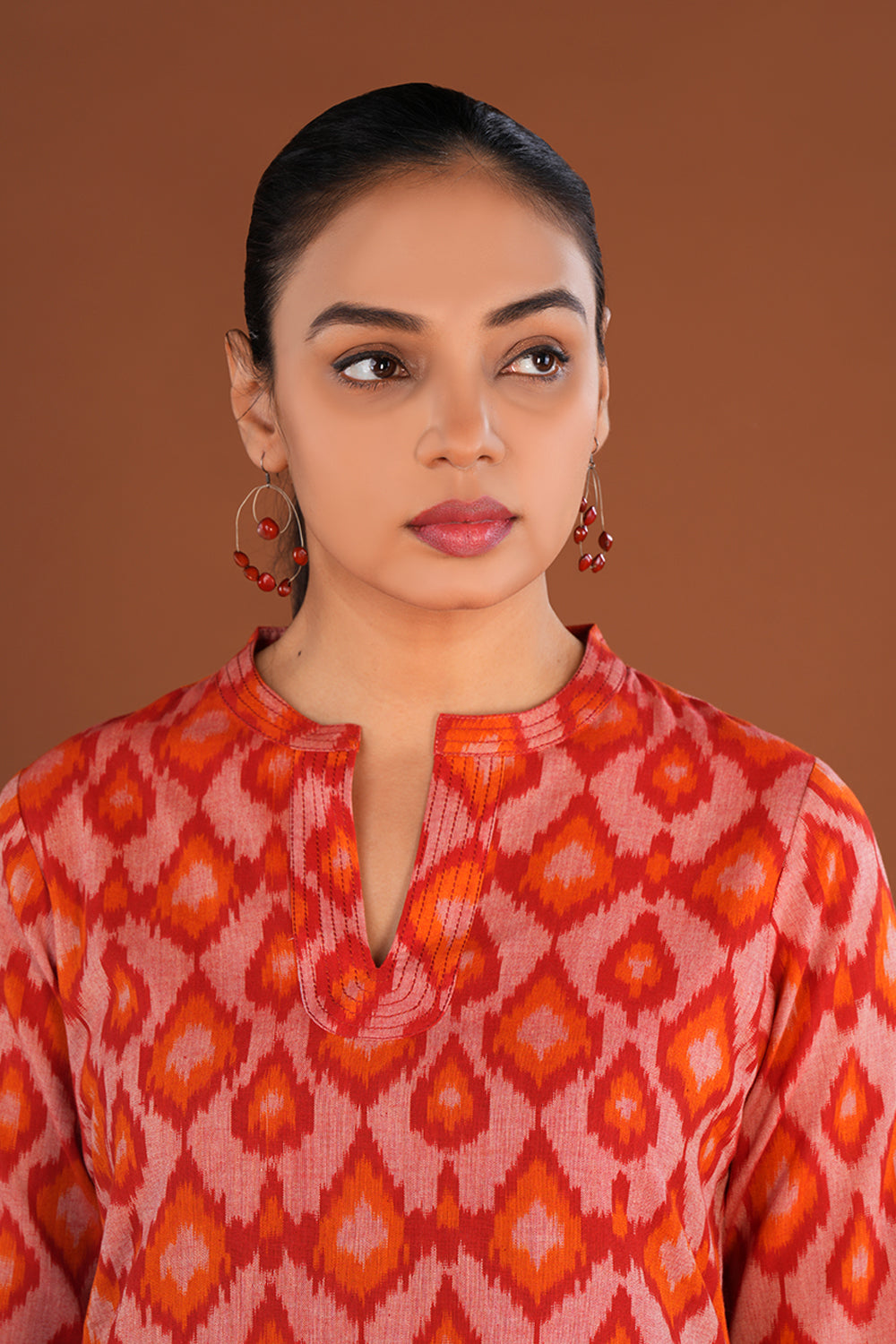 Image of Fiery Red Cotton Pochampally Ikat Kurta