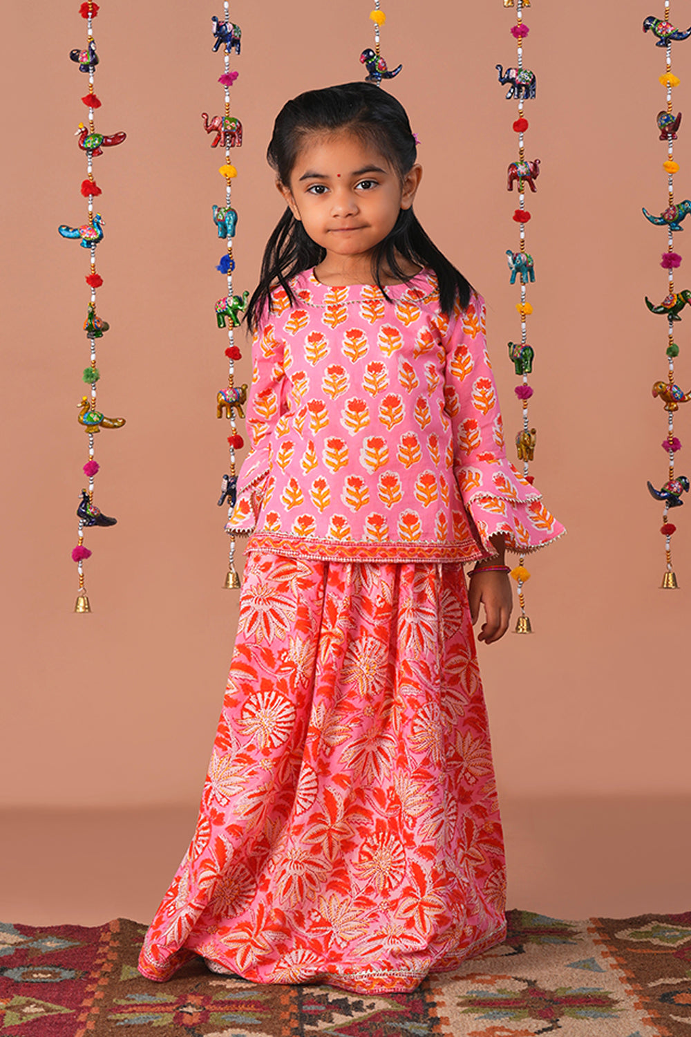 Image of Peach Pink Floral  printed Girls Ghaghara set