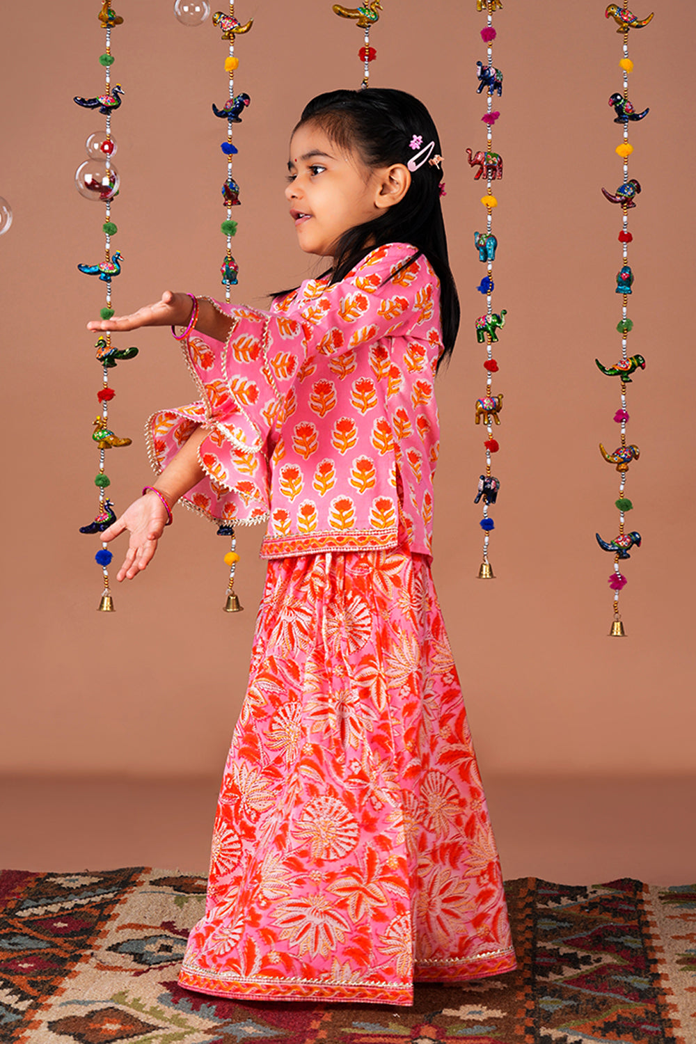 Image of Peach Pink Floral  printed Girls Ghaghara set