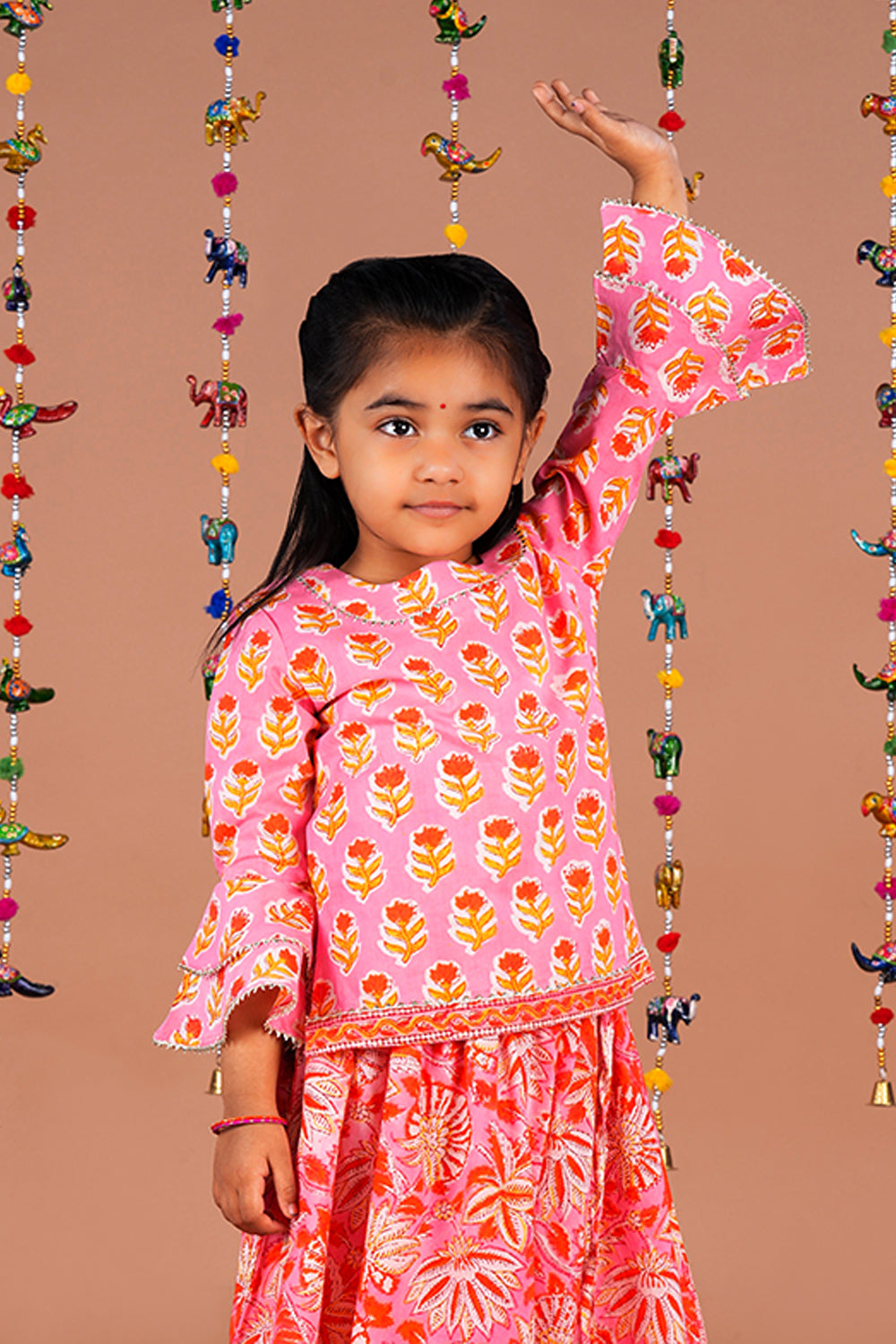 Image of Peach Pink Floral  printed Girls Ghaghara set