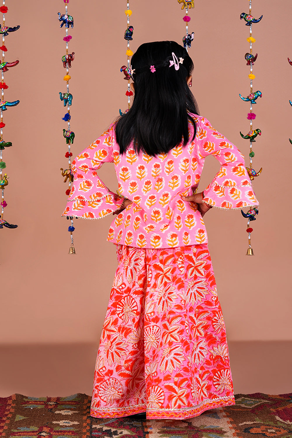 Image of Peach Pink Floral  printed Girls Ghaghara set