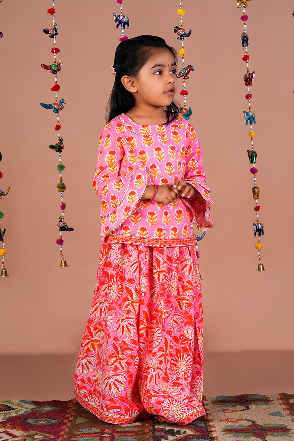 Image of Peach Pink Floral  printed Girls Ghaghara set