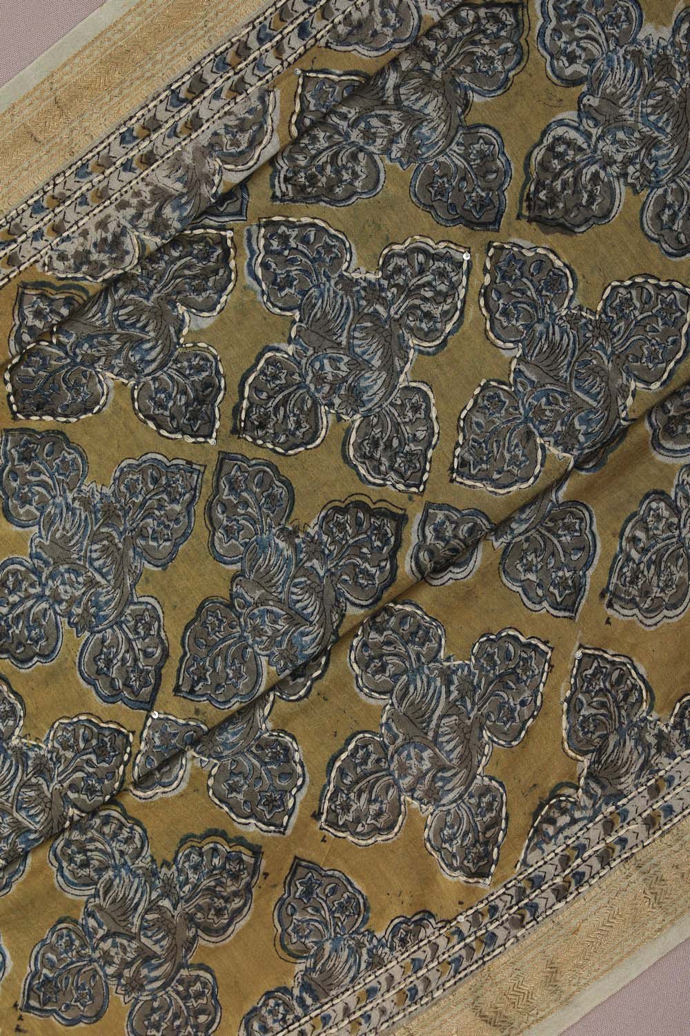 Image of Mustard Yellow  Running Stitch Kalamkari Chanderi Saree