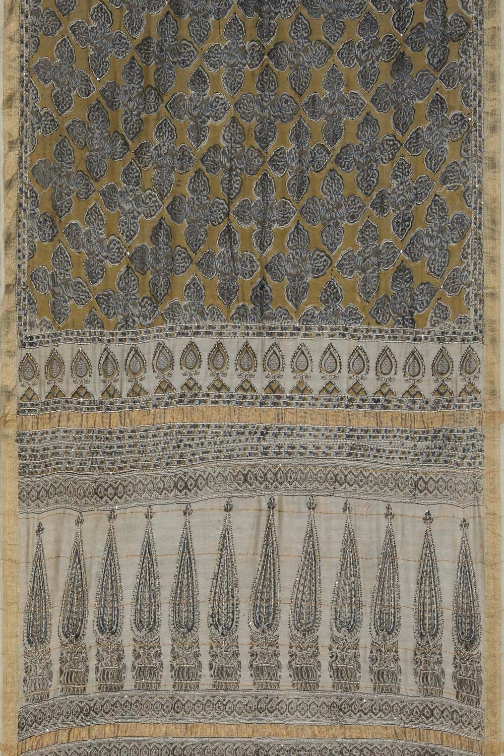 Image of Mustard Yellow  Running Stitch Kalamkari Chanderi Saree