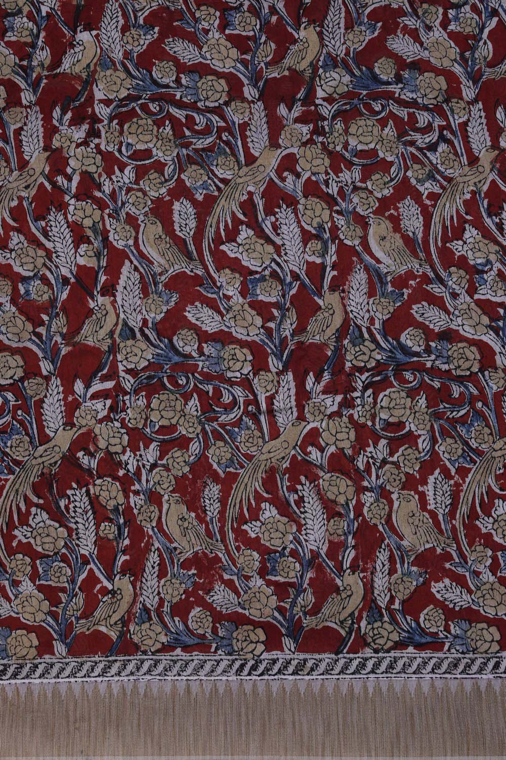 Image of Maroon block printed Kalamkari Chanderi Saree