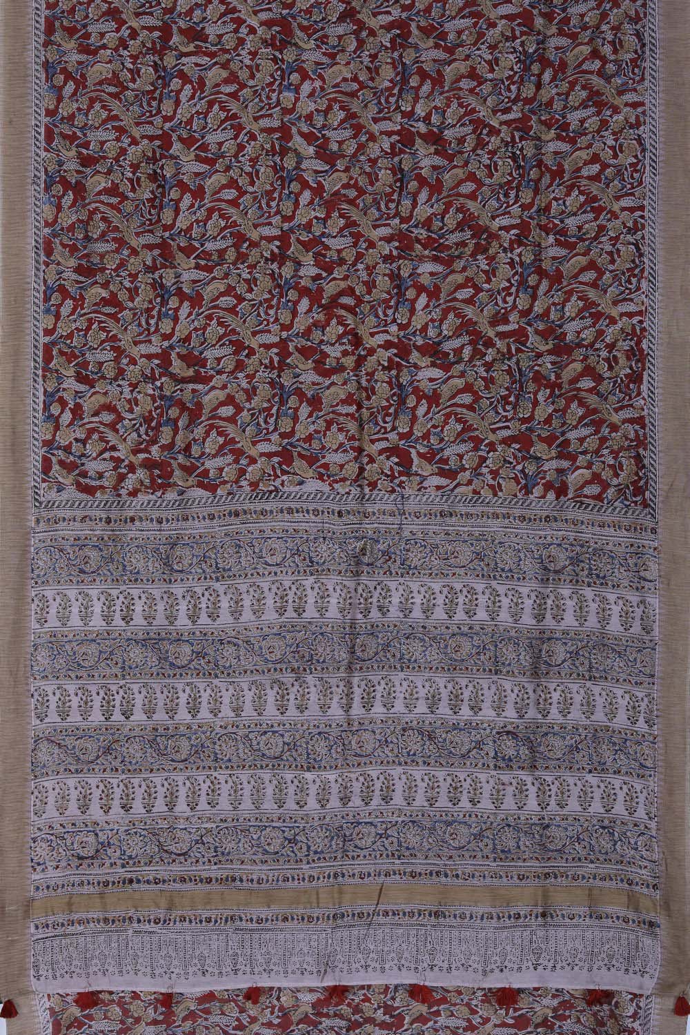 Image of Maroon block printed Kalamkari Chanderi Saree