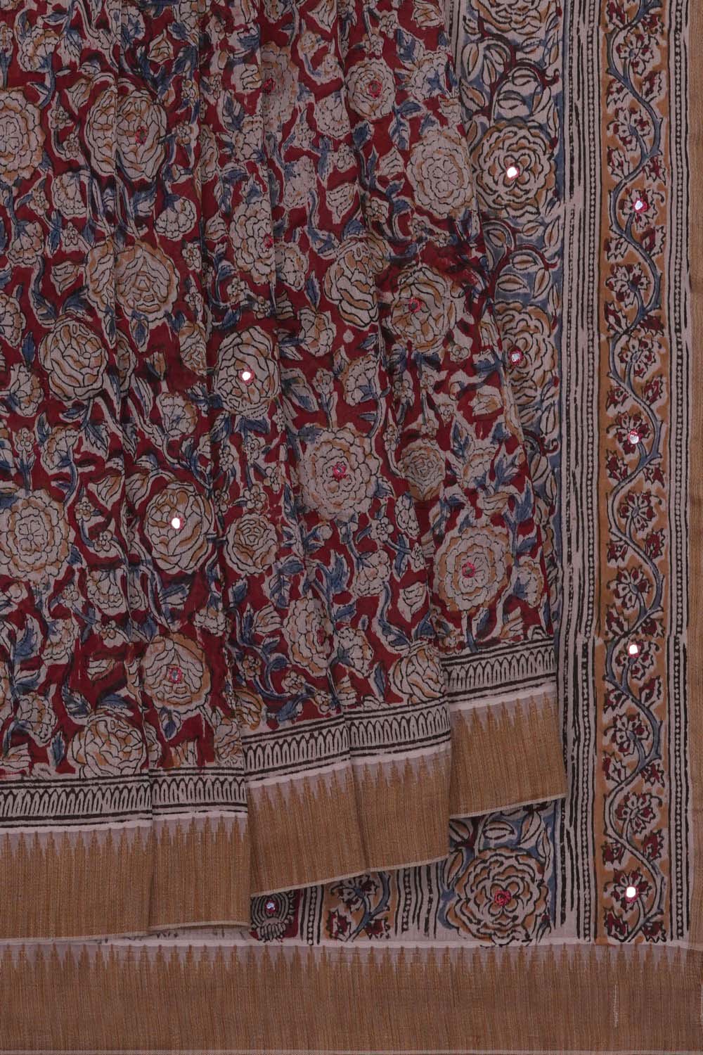 Image of Maroon Floral Mirror Embroidery Kalamkari Chanderi Saree