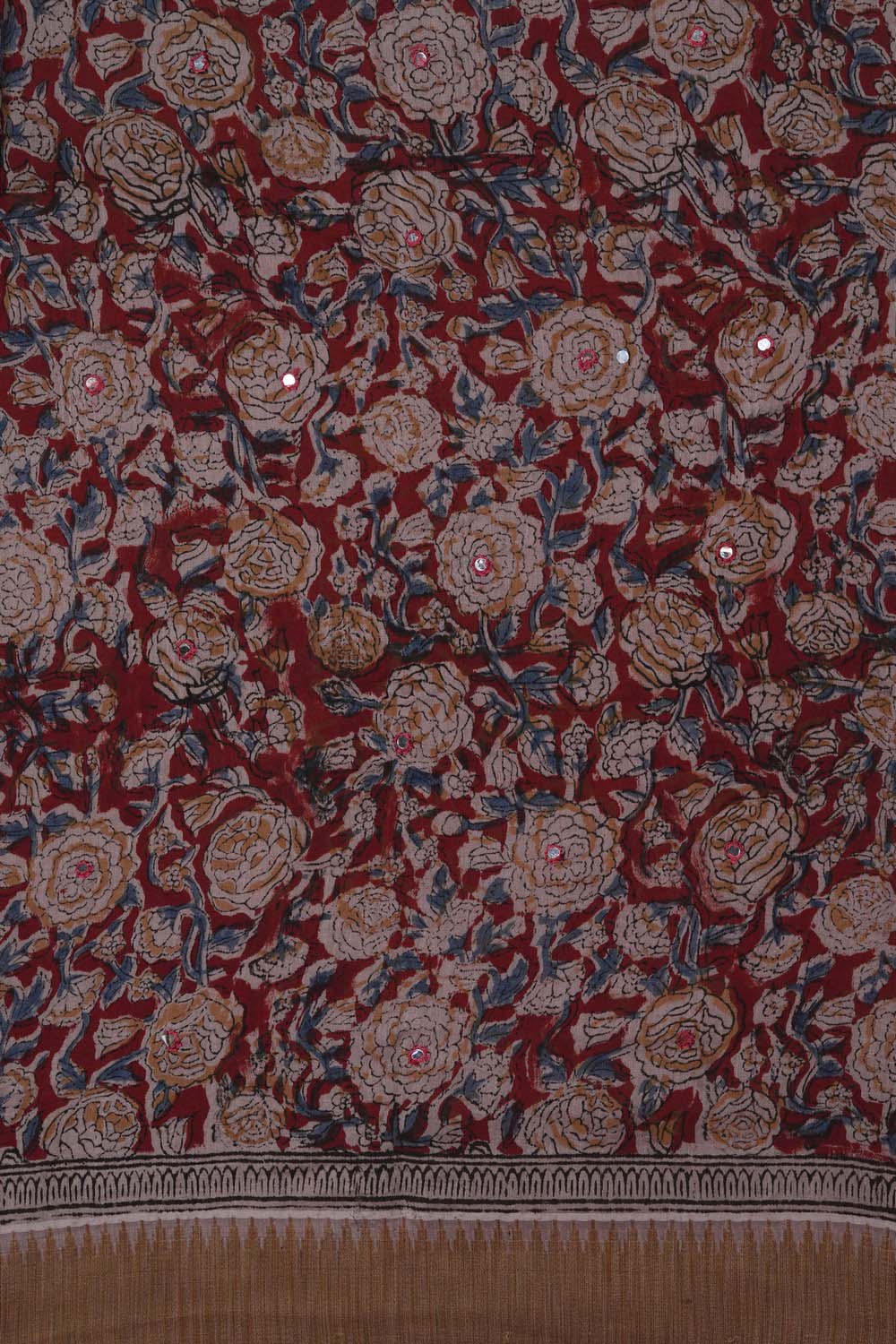 Image of Maroon Floral Mirror Embroidery Kalamkari Chanderi Saree