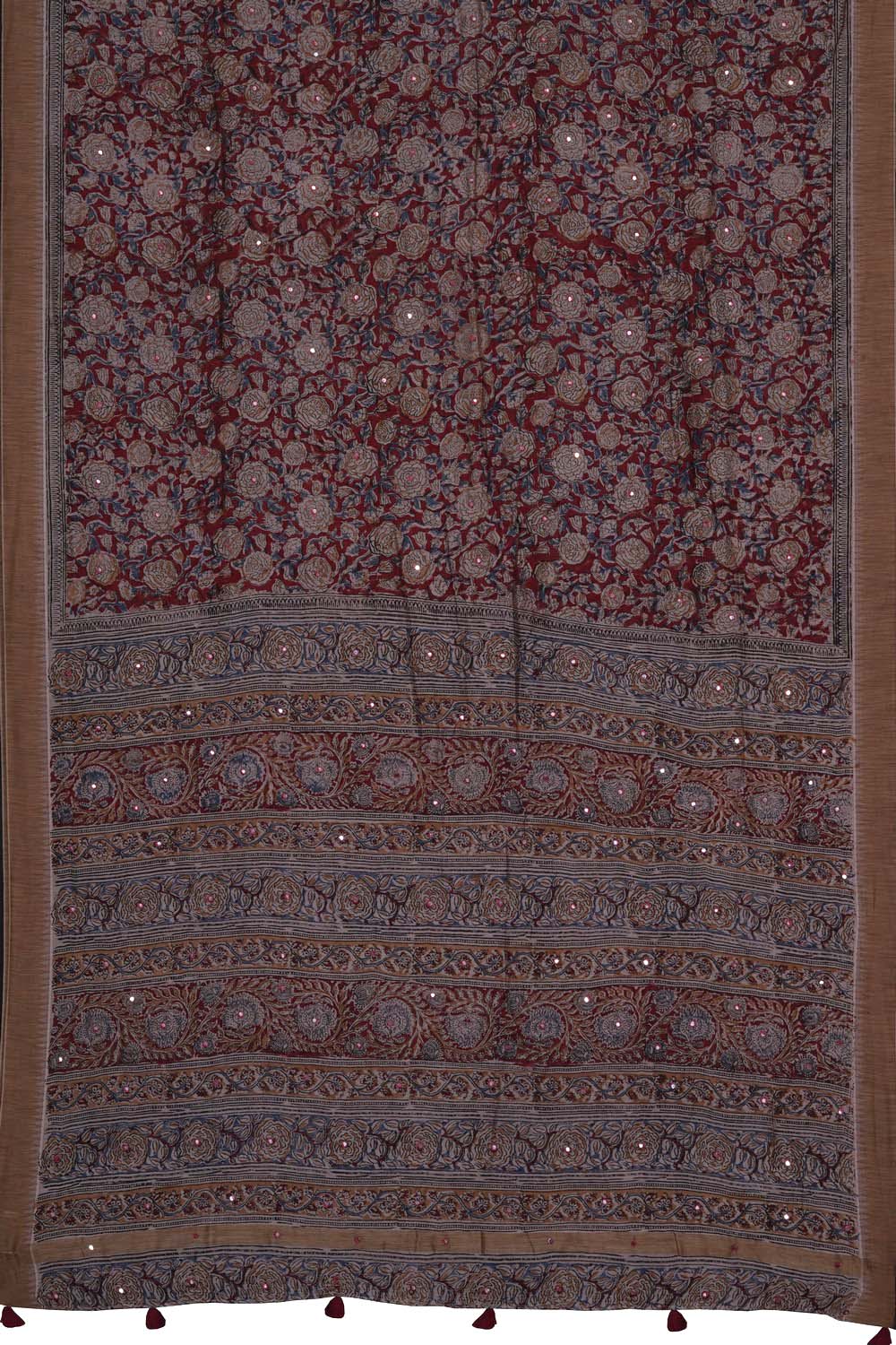 Image of Maroon Floral Mirror Embroidery Kalamkari Chanderi Saree