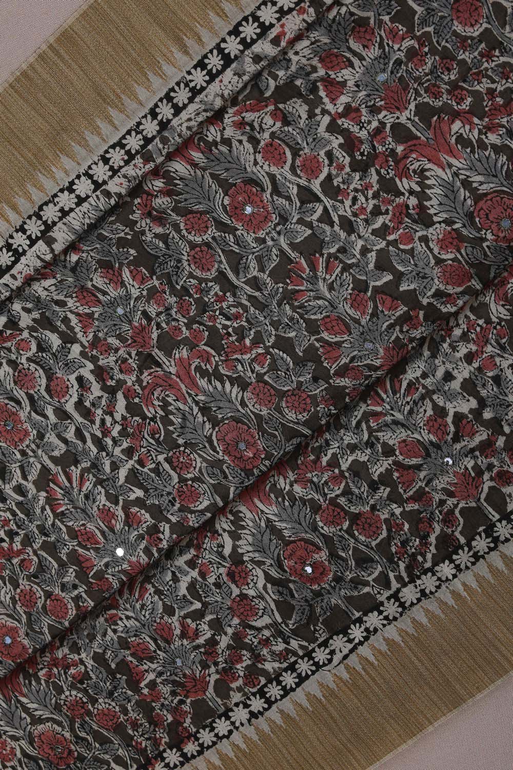 Image of Black Floral with Mirror Embroidery Kalamkari Chanderi Saree