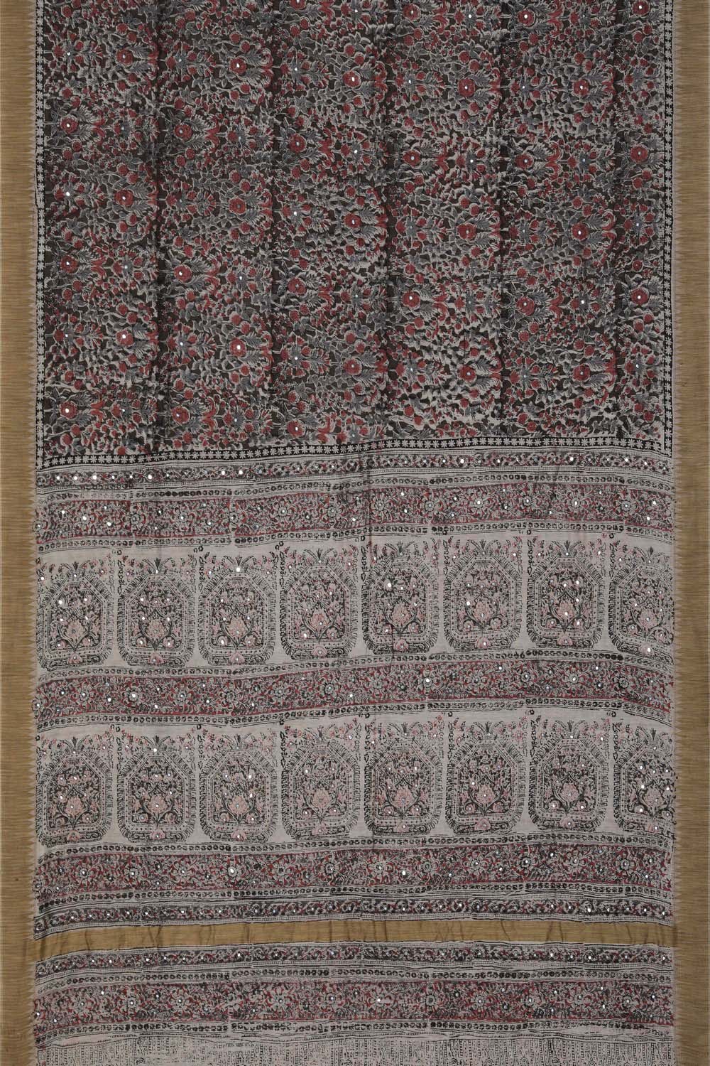 Image of Black Floral with Mirror Embroidery Kalamkari Chanderi Saree