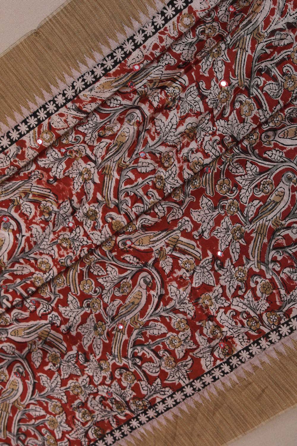 Image of Maroon Floral with Mirror Embroidery Kalamkari Chanderi Saree