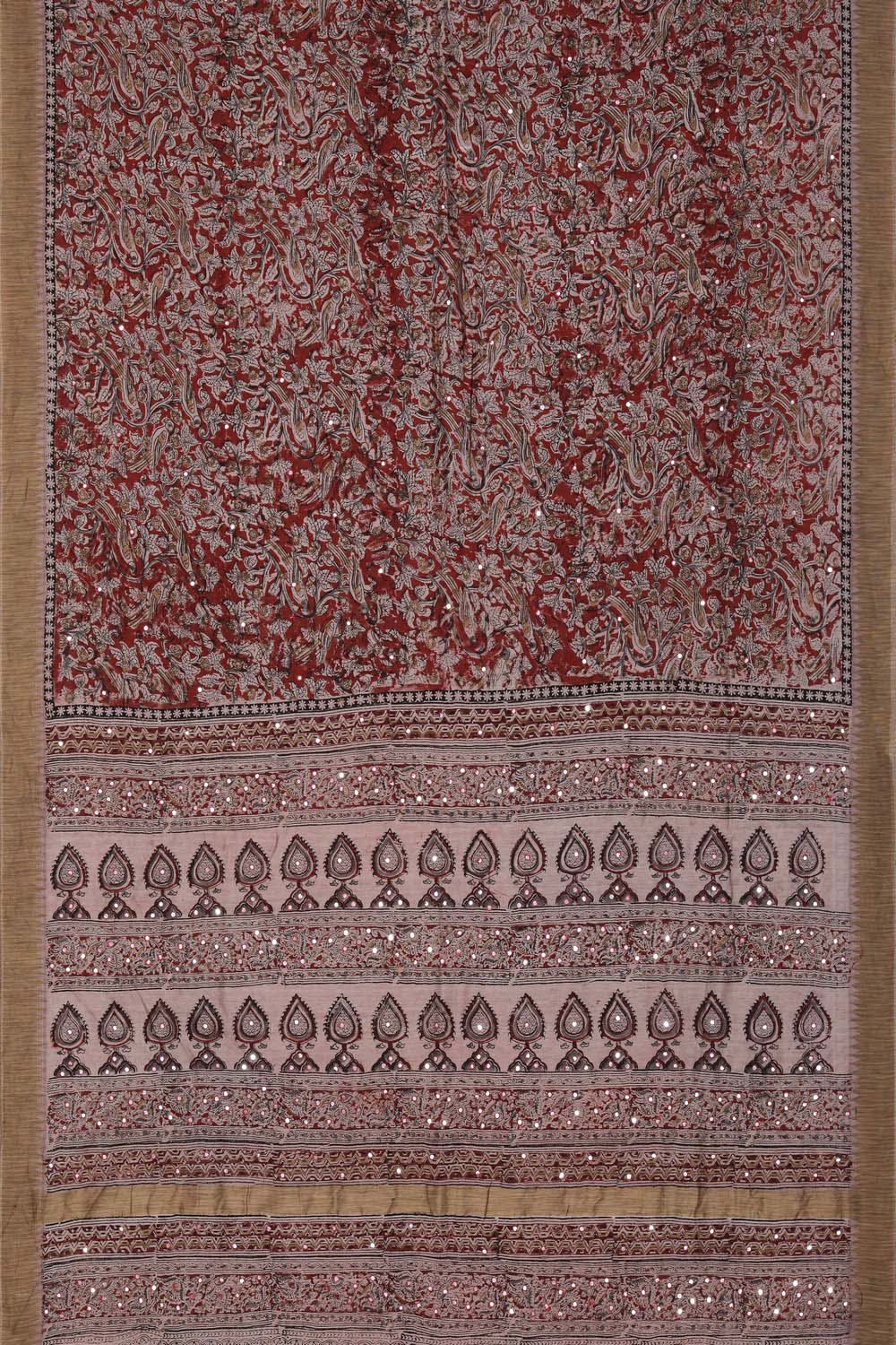 Image of Maroon Floral with Mirror Embroidery Kalamkari Chanderi Saree
