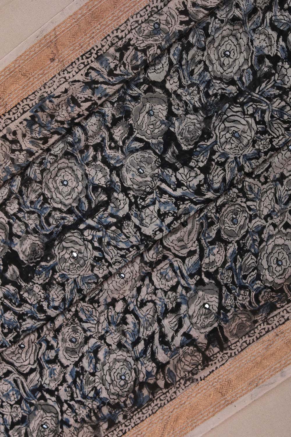 Image of Black and Indigo Mirror Embroidery Kalamkari Chanderi Saree