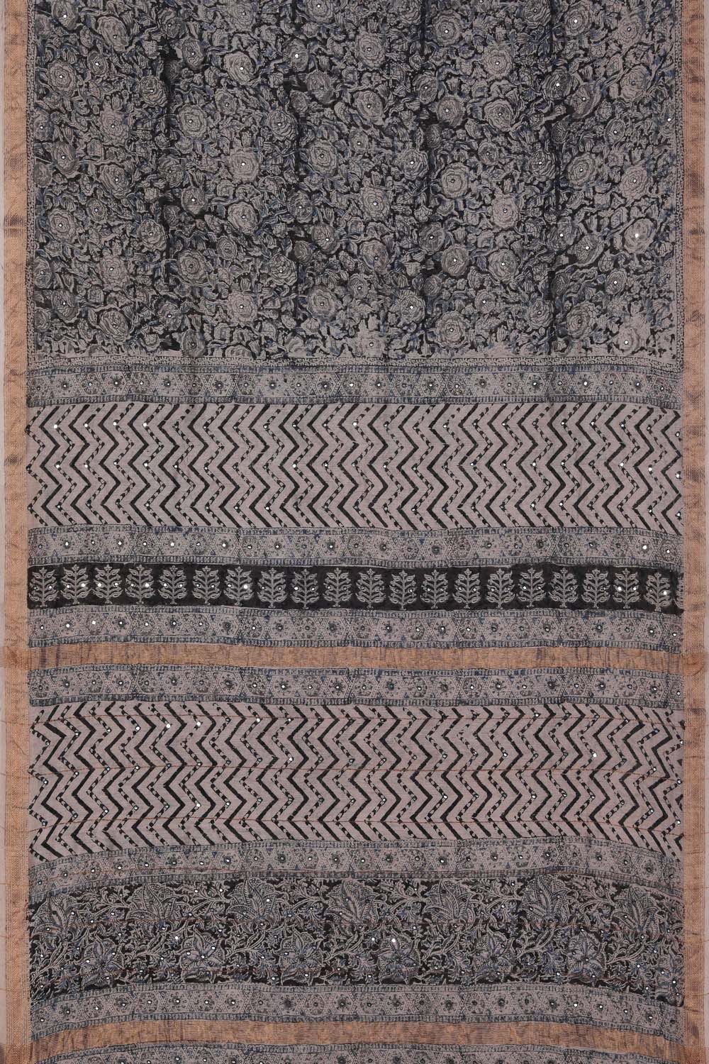 Image of Black and Indigo Mirror Embroidery Kalamkari Chanderi Saree