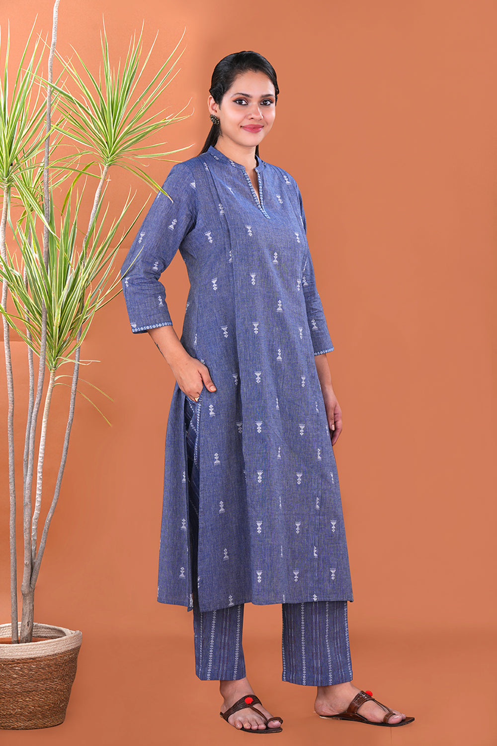 Image of Denim Blue Tribal motif Cotton Kurta and pants set