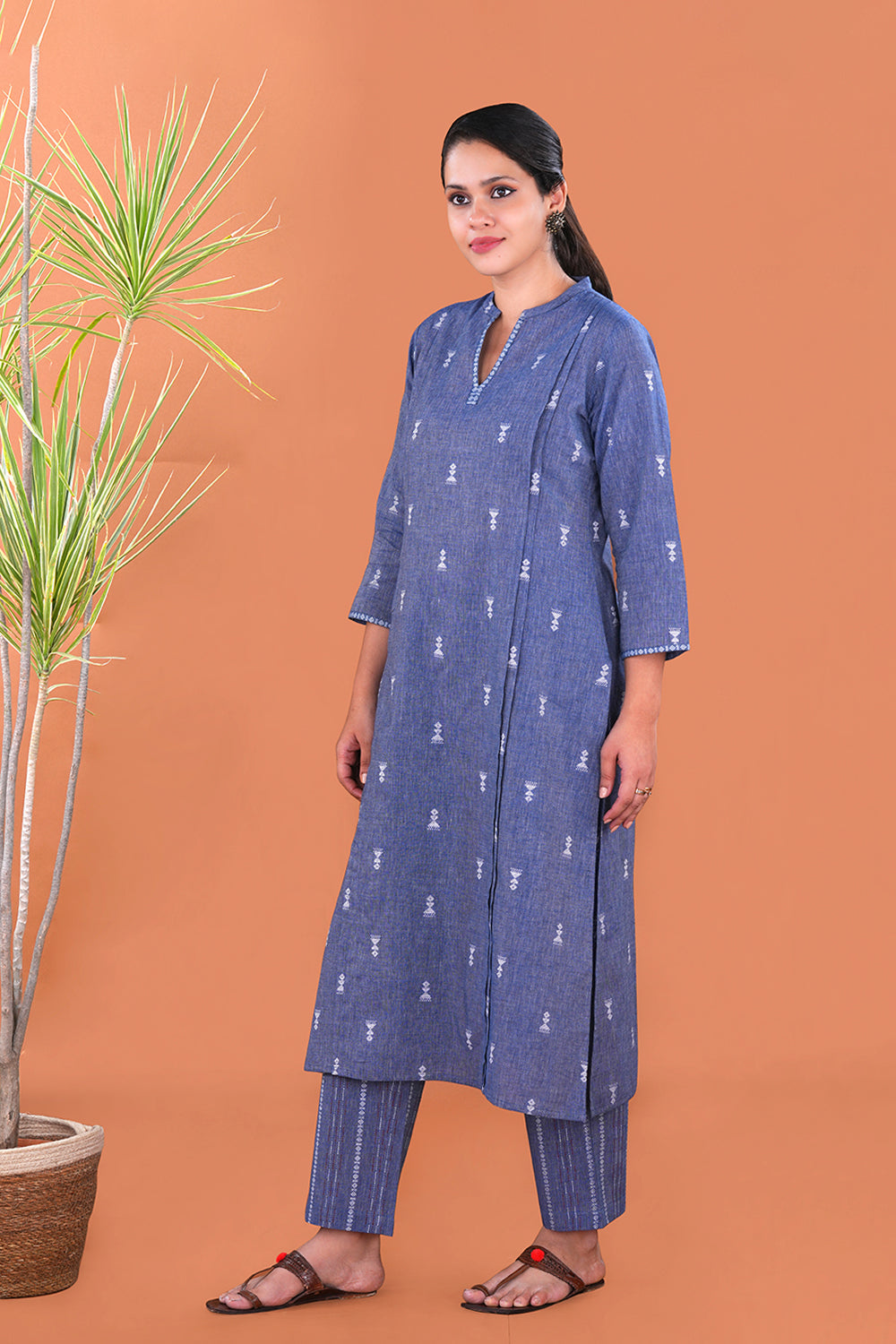 Image of Denim Blue Tribal motif Cotton Kurta and pants set