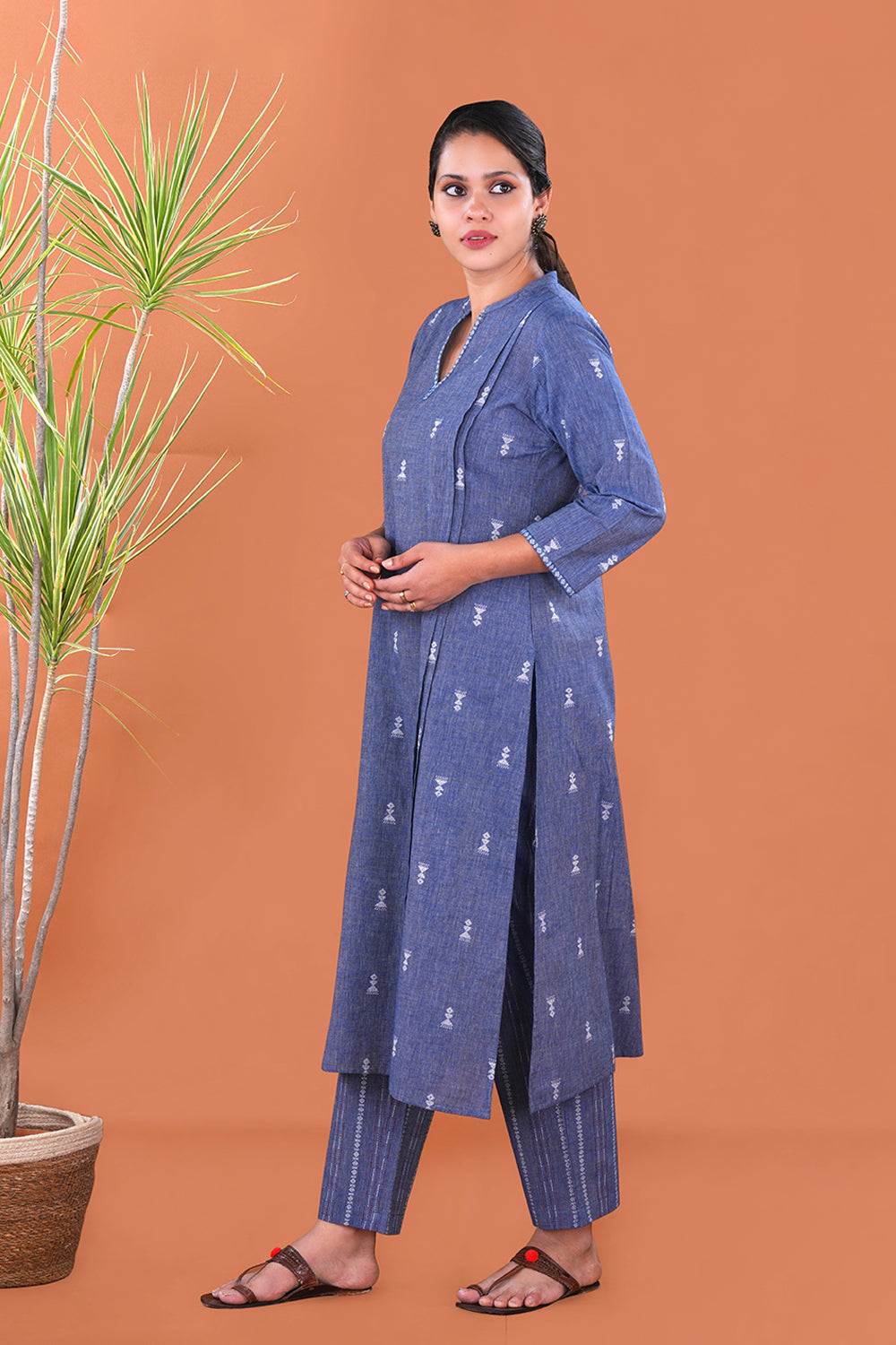 Image of Denim Blue Tribal motif Cotton Kurta and pants set