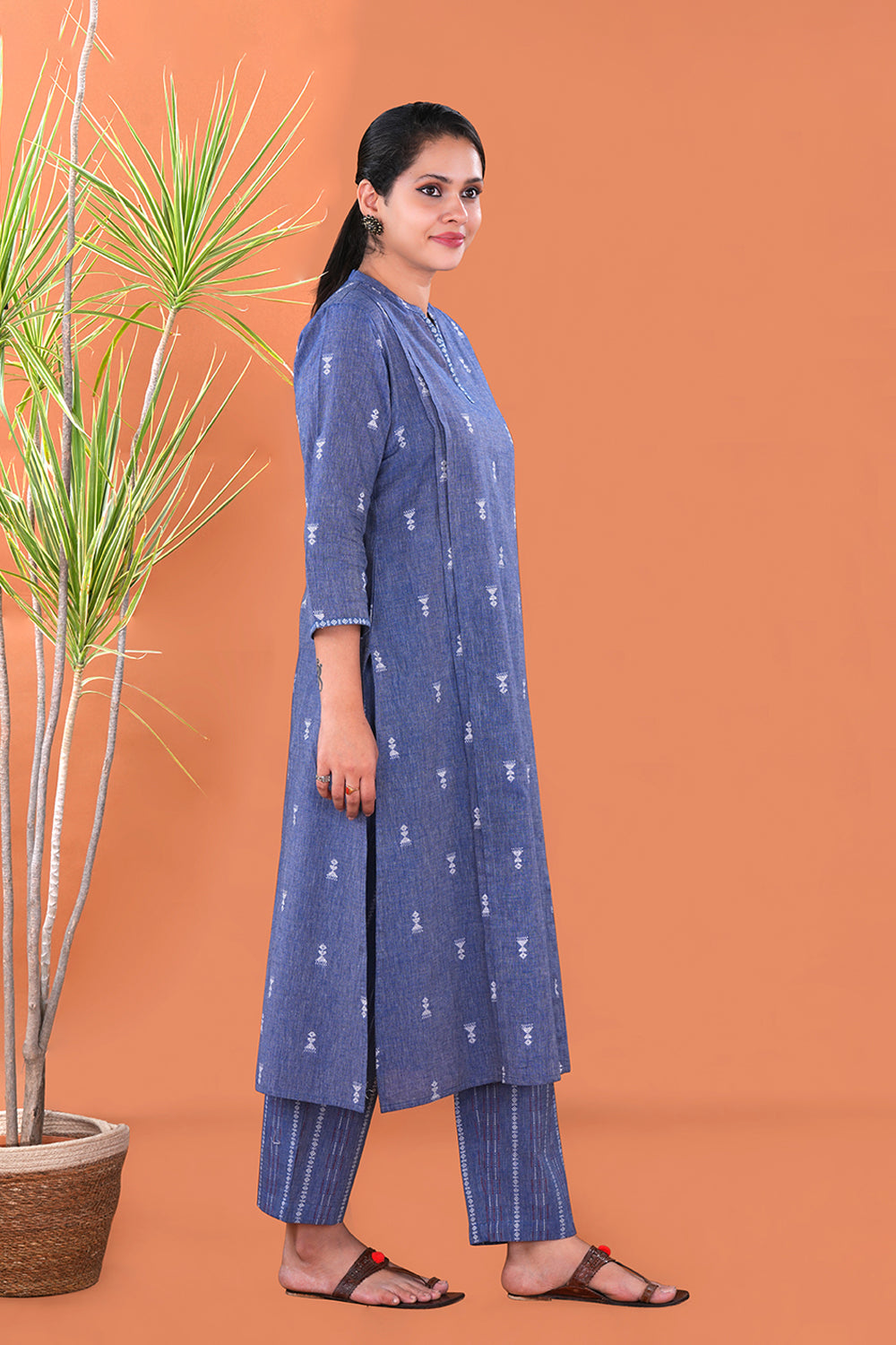 Image of Denim Blue Tribal motif Cotton Kurta and pants set