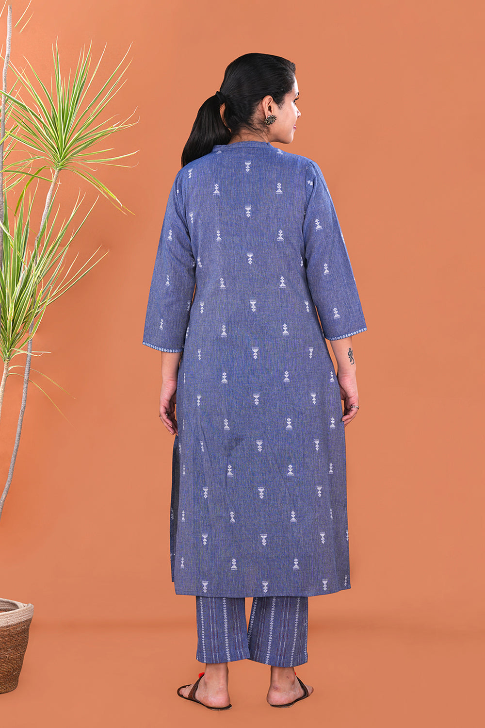 Image of Denim Blue Tribal motif Cotton Kurta and pants set