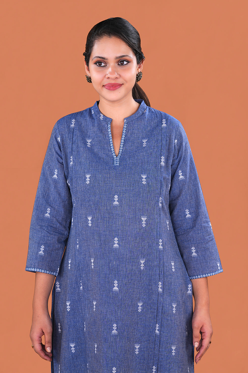 Image of Denim Blue Tribal motif Cotton Kurta and pants set