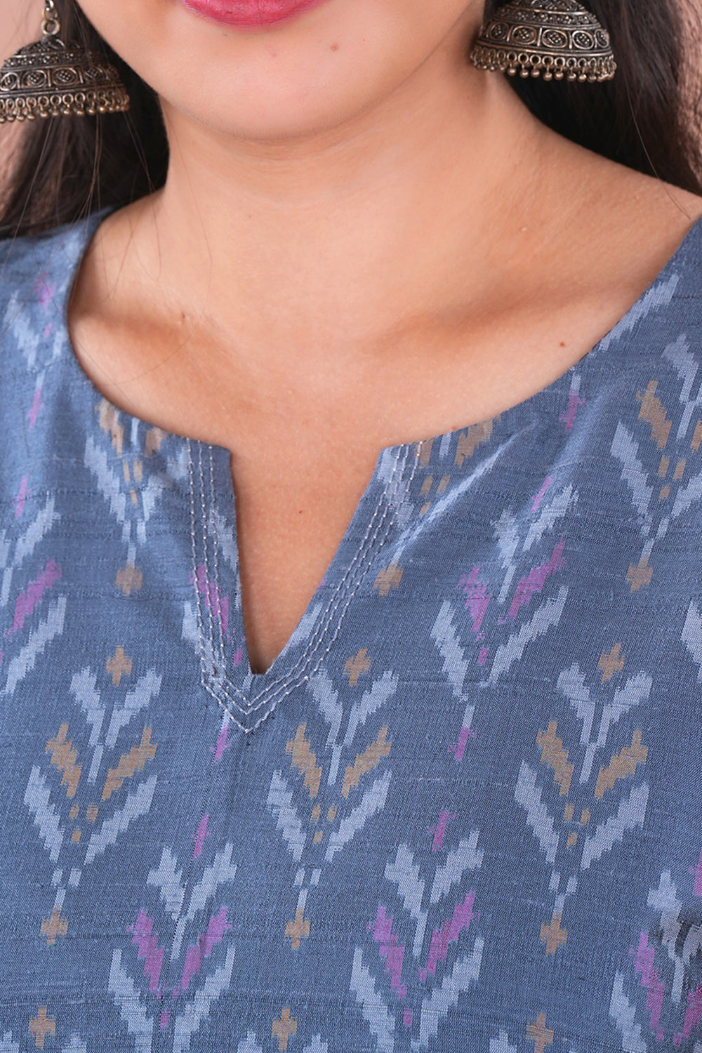 Image of Grey Pochampally Ikat Raw Silk Kurti