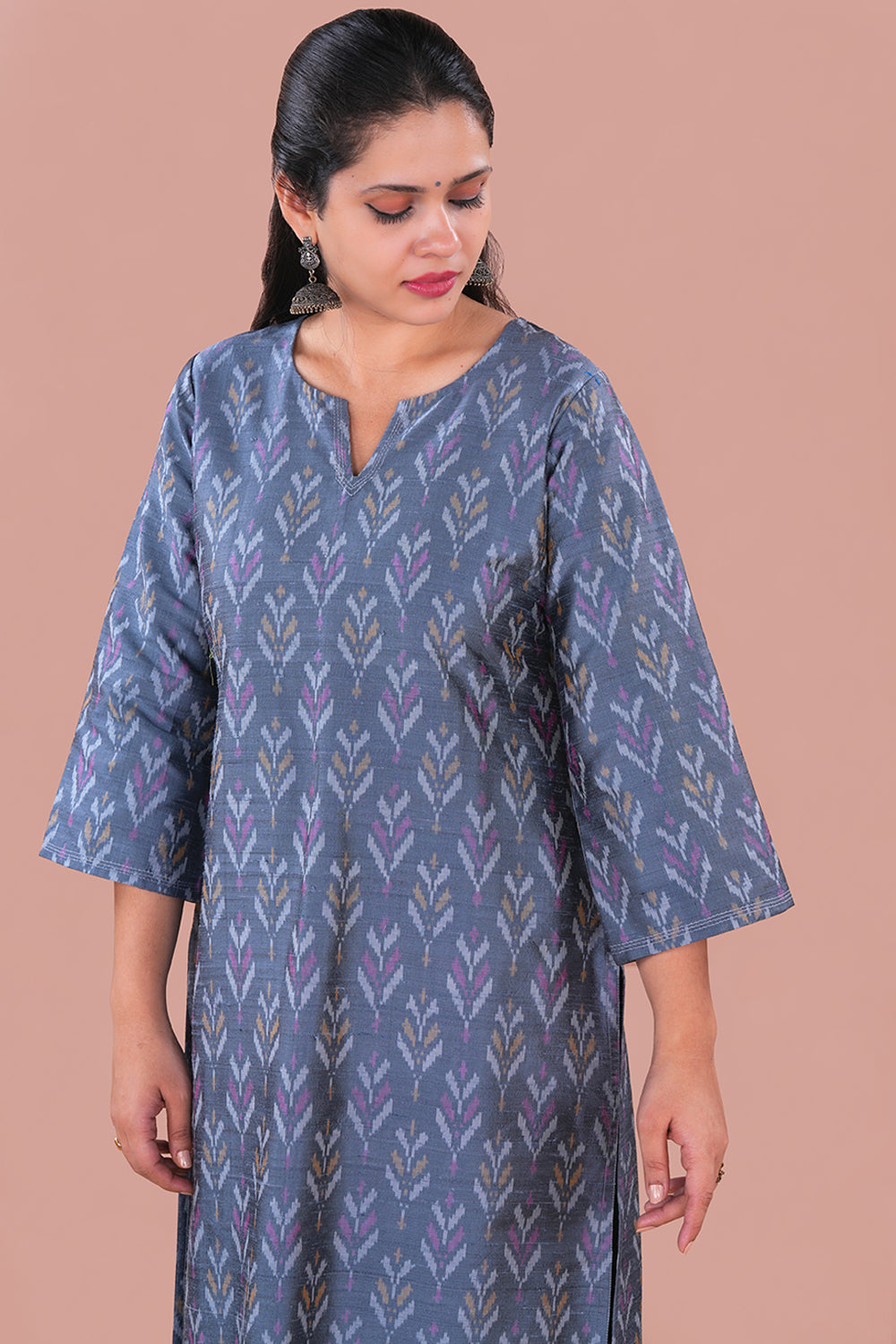 Image of Grey Pochampally Ikat Raw Silk Kurti