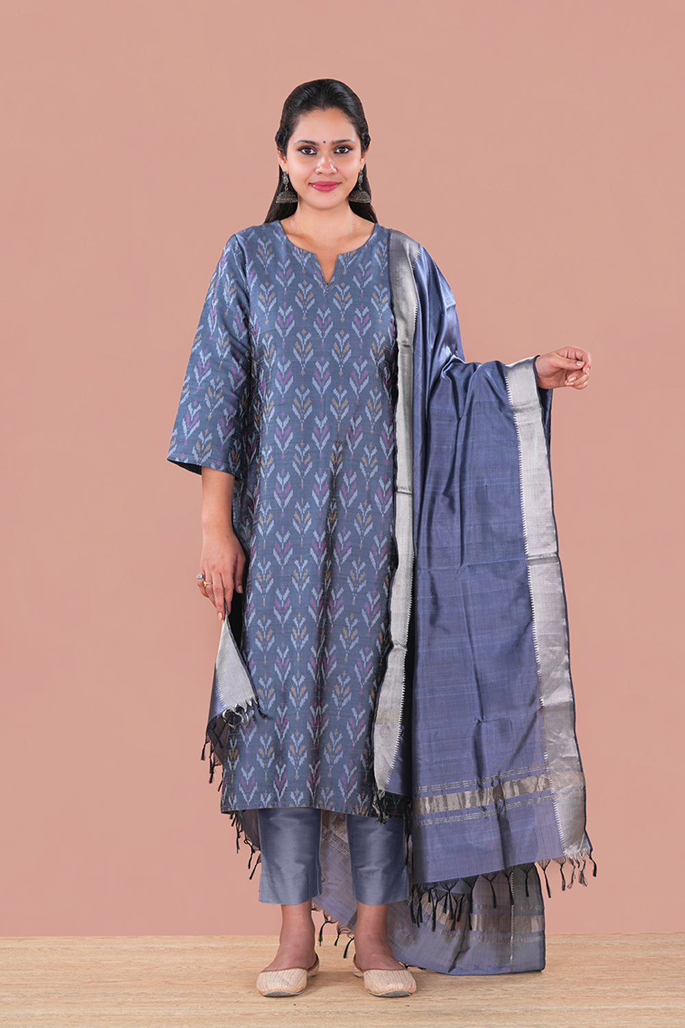 Image of Grey Pochampally Ikat Raw Silk Kurti