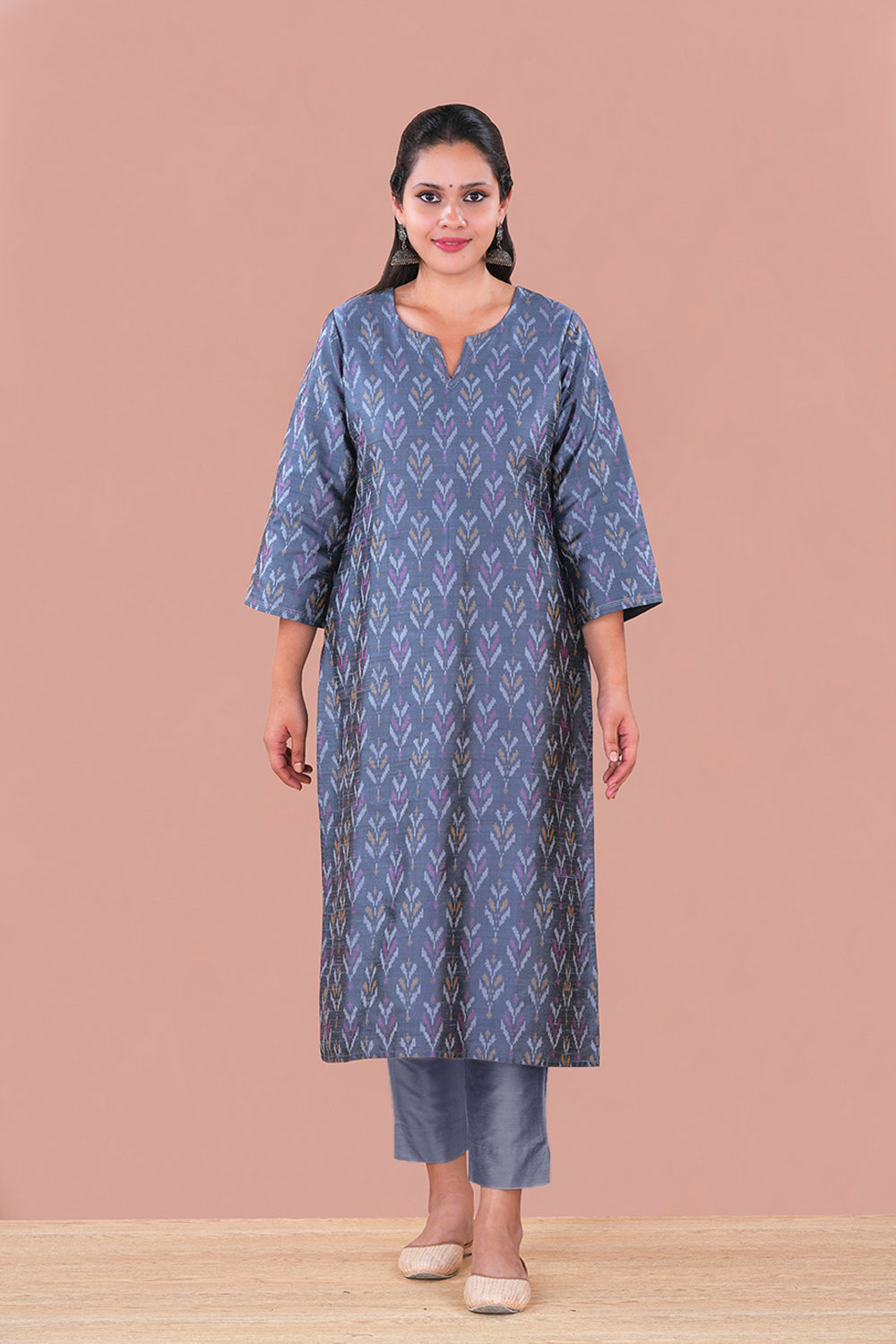 Image of Grey Pochampally Ikat Raw Silk Kurti