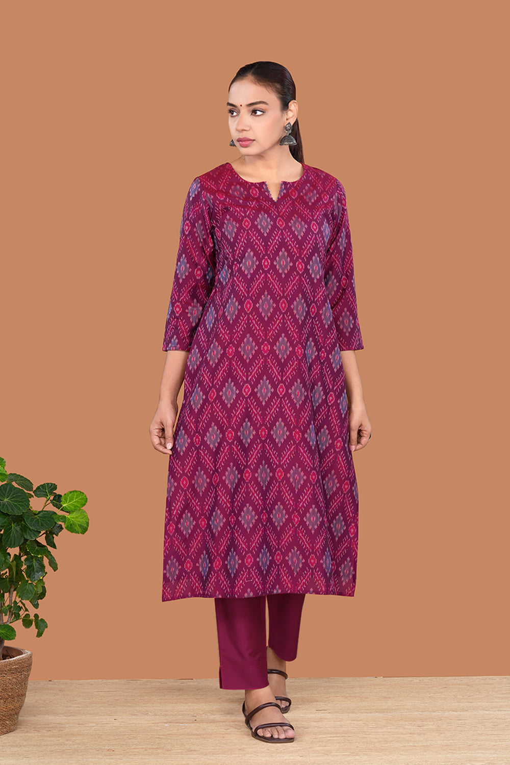 Image of Dark Magenta Pochampally Silk Ikat Kurti