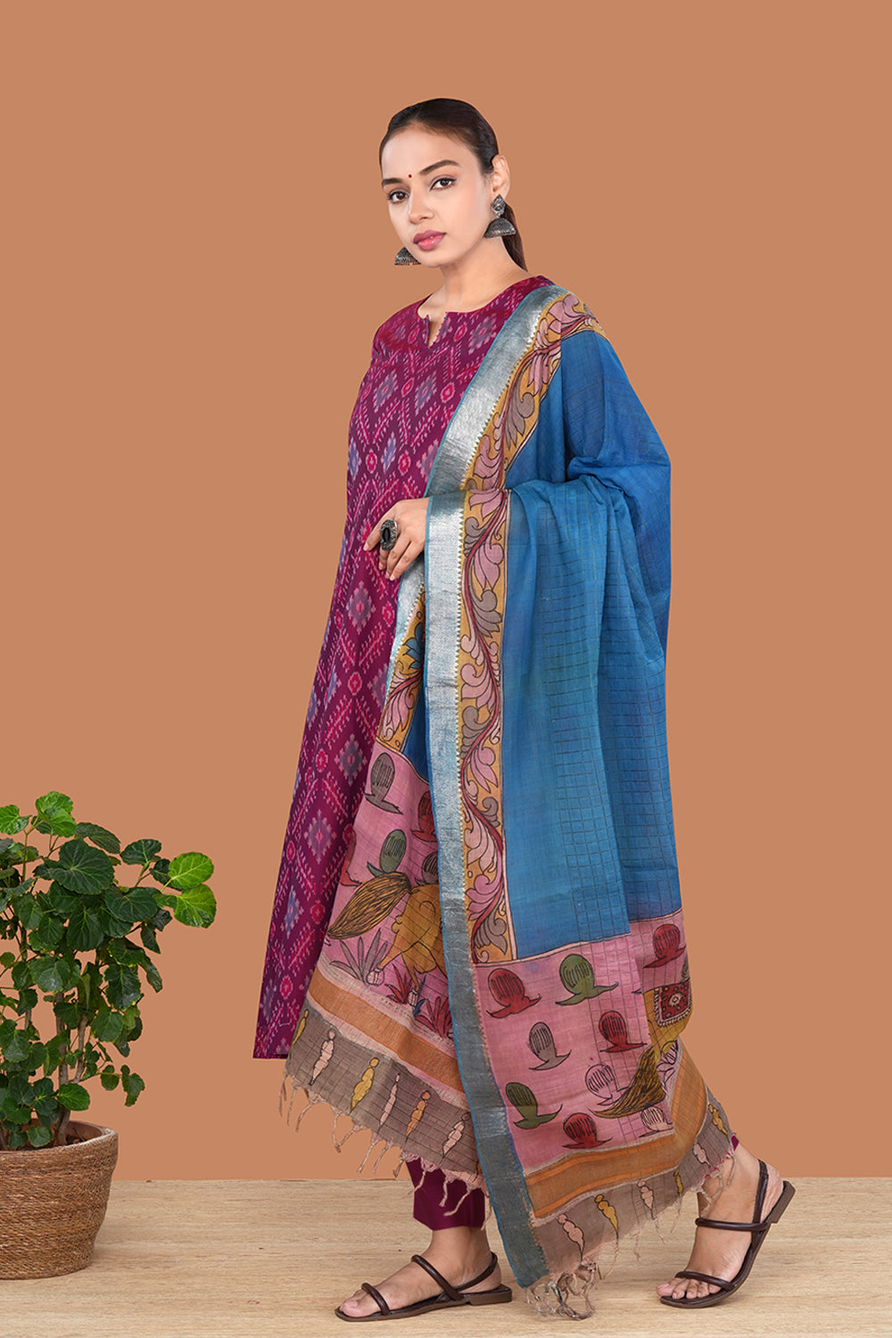 Image of Dark Magenta Pochampally Silk Ikat Kurti