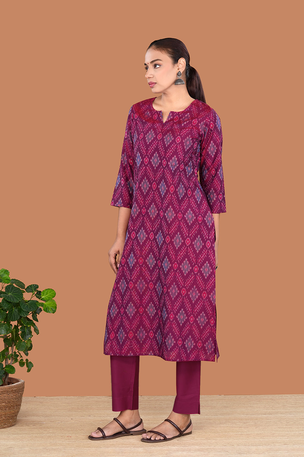 Image of Dark Magenta Pochampally Silk Ikat Kurti