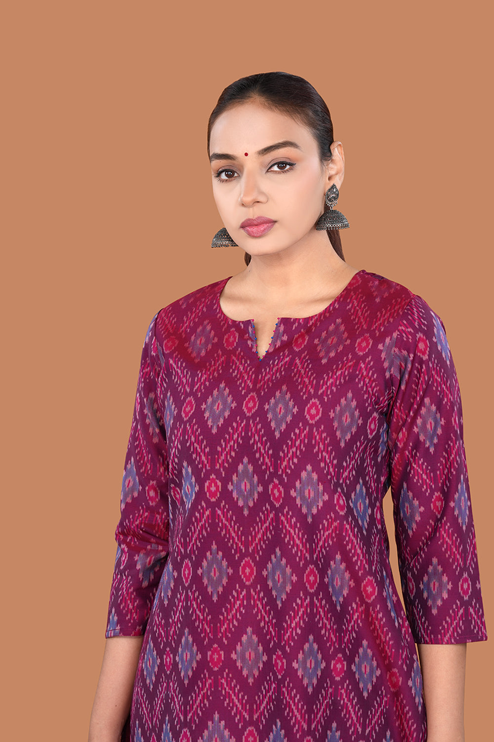 Image of Dark Magenta Pochampally Silk Ikat Kurti