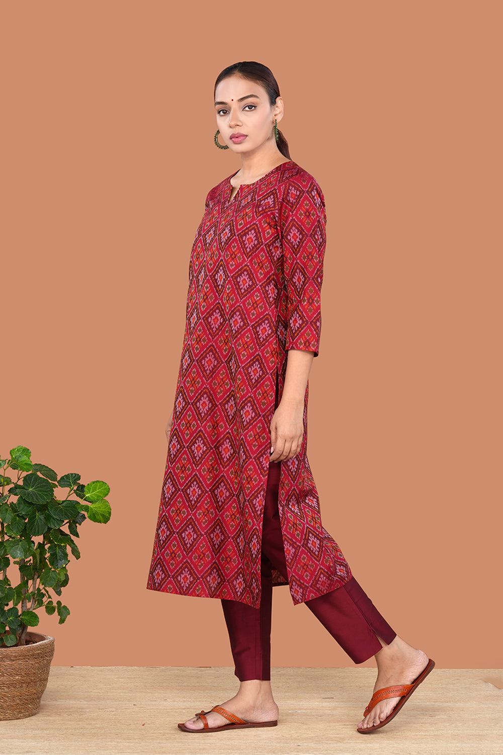 Image of Maroon Pochampally Silk Ikat Kurti