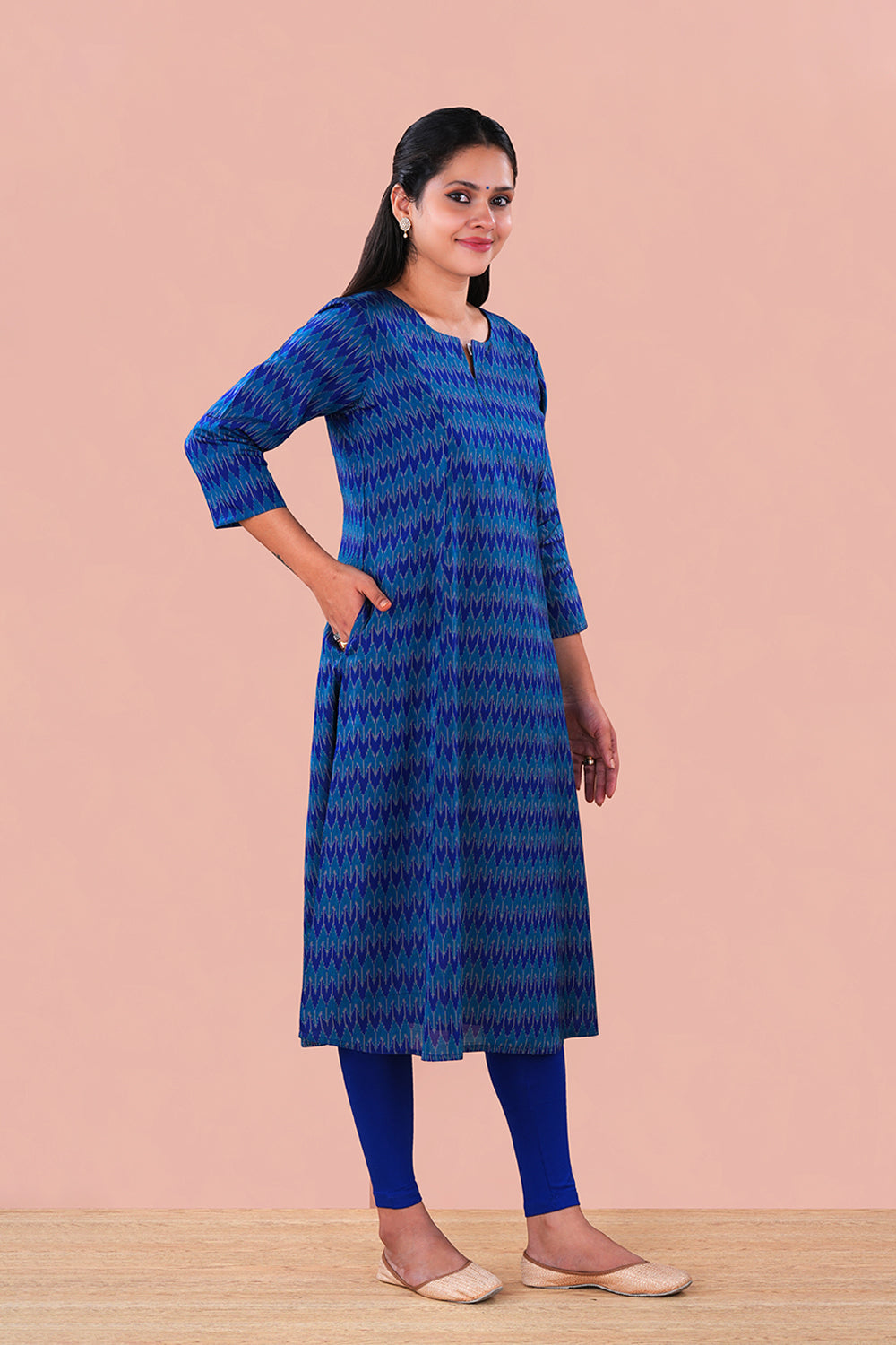 Image of Teal Blue Pochampally Silk Ikat Kurti